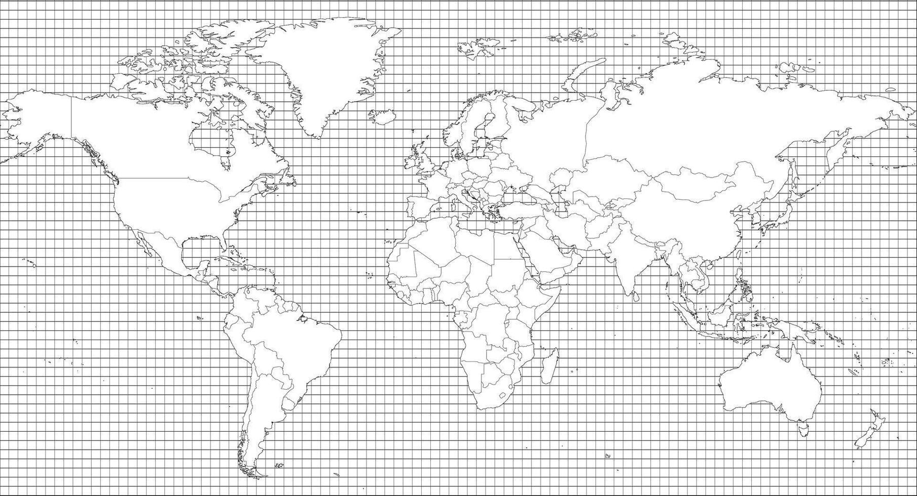 World map - simple thin black outline blank map on squared background. High detailed political map of World. vector