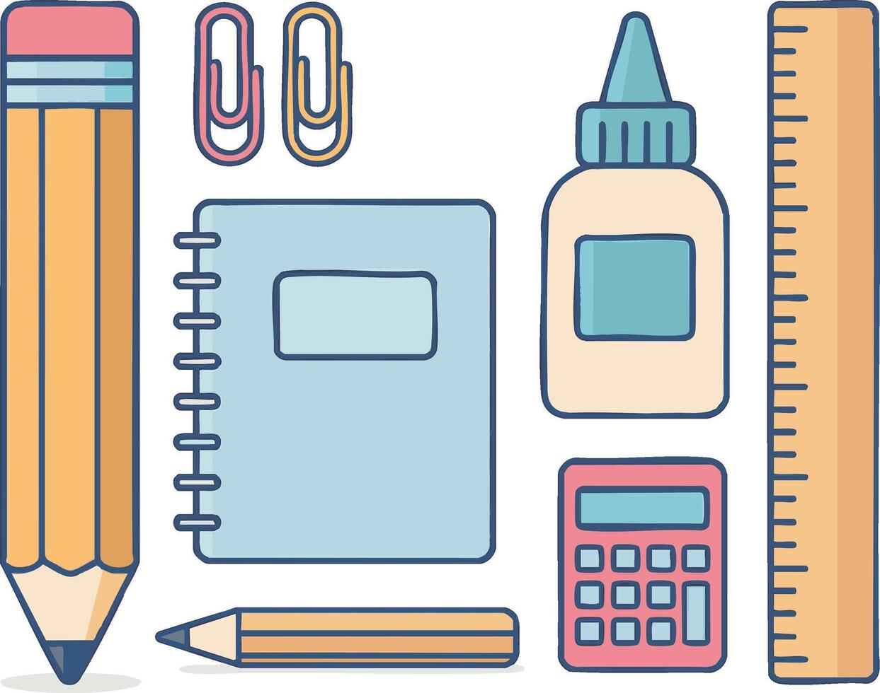 School supplies arranged neatly on a white background featuring a pencil, notebook, ruler, glue, calculator, and paper clips vector