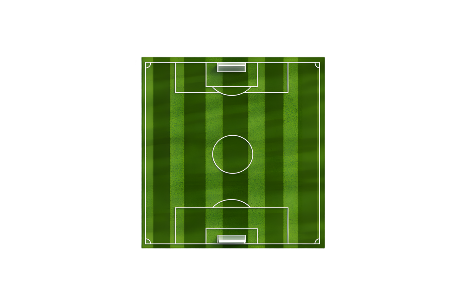 Aerial view of a soccer field green grass white lines, png