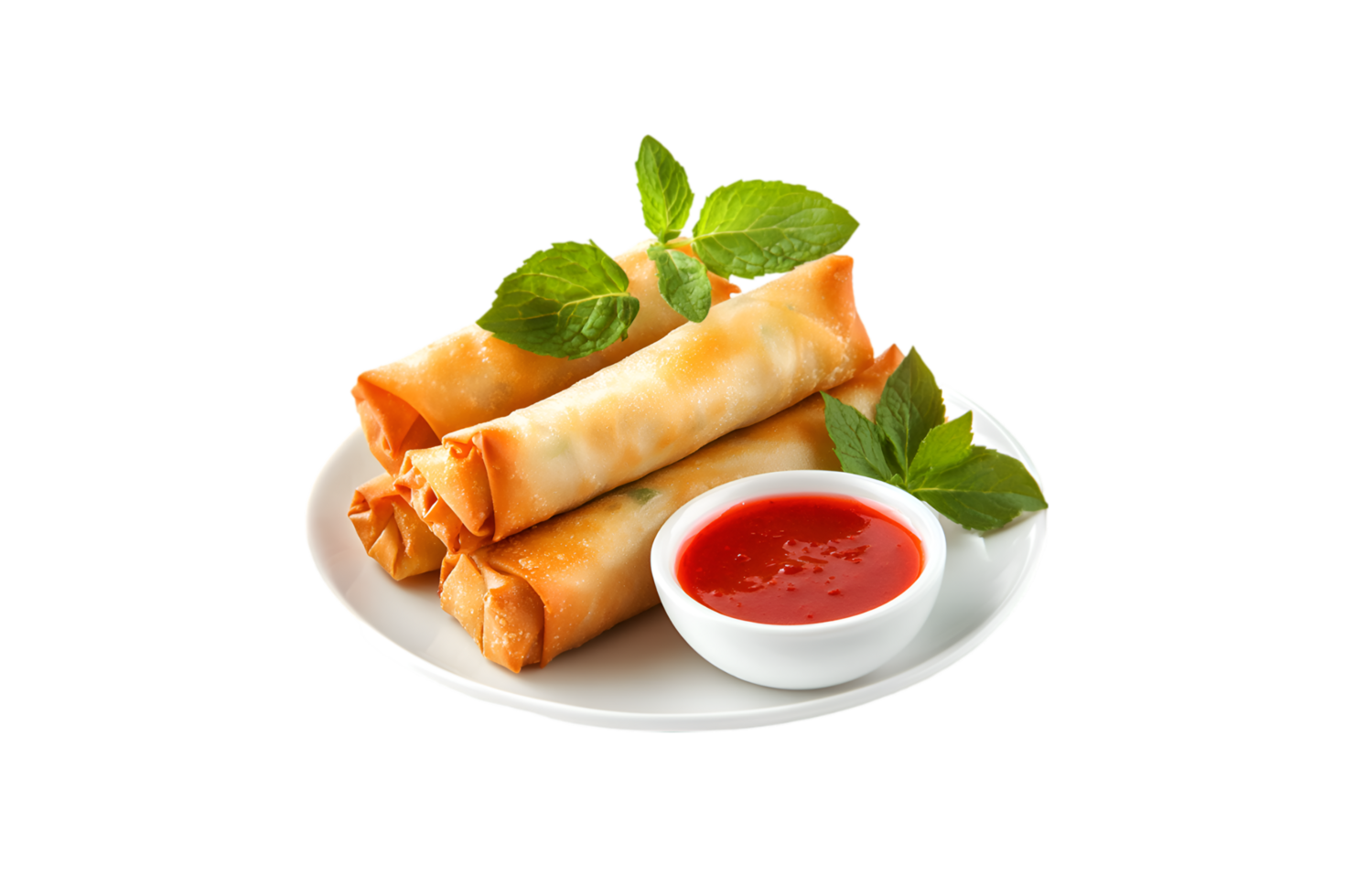Delicious crispy spring rolls served with sweet chili sauce garnished with mint leaves png
