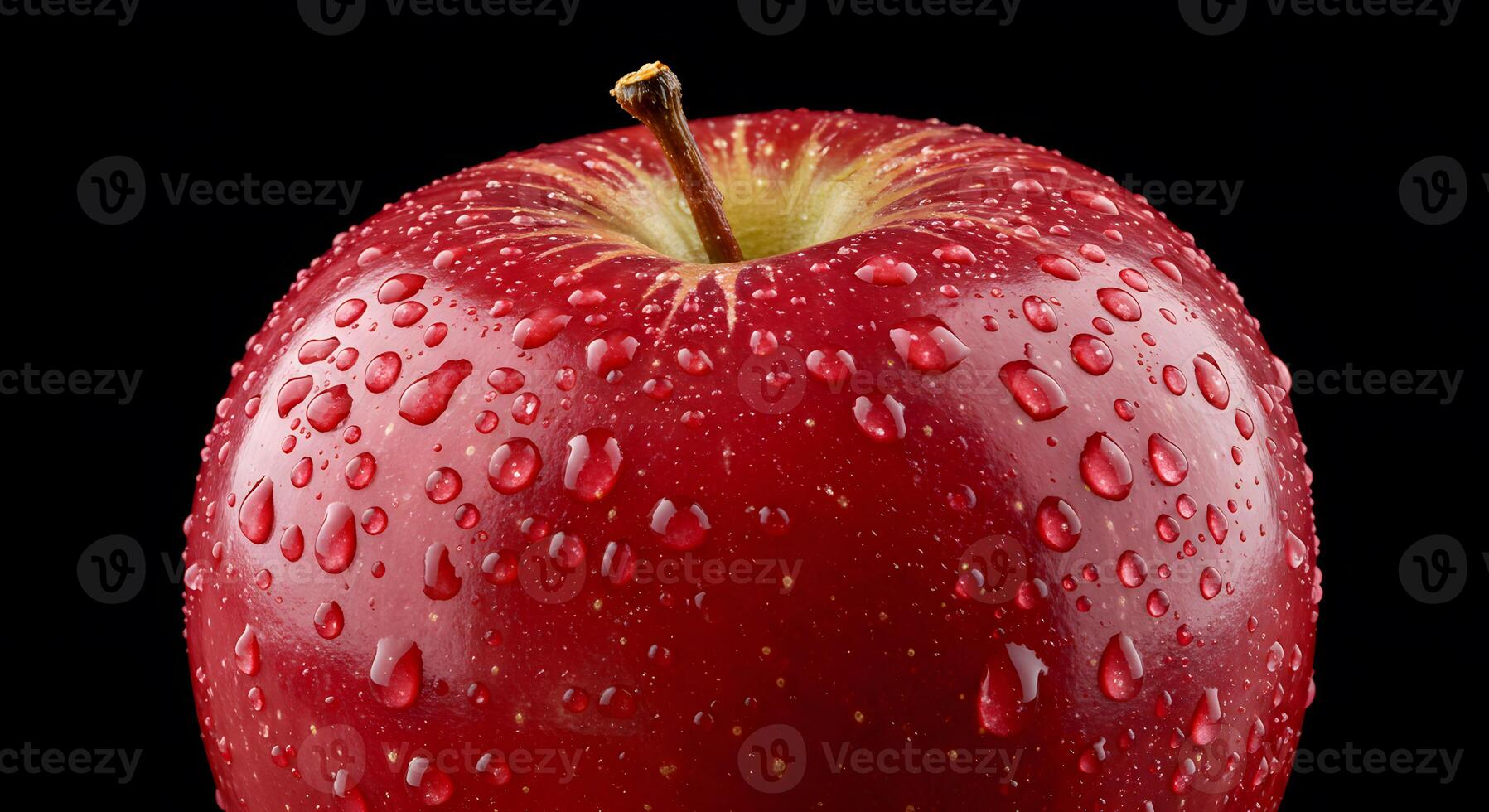 Close-up photo of a fresh, ripe red apple with water droplets on a black background