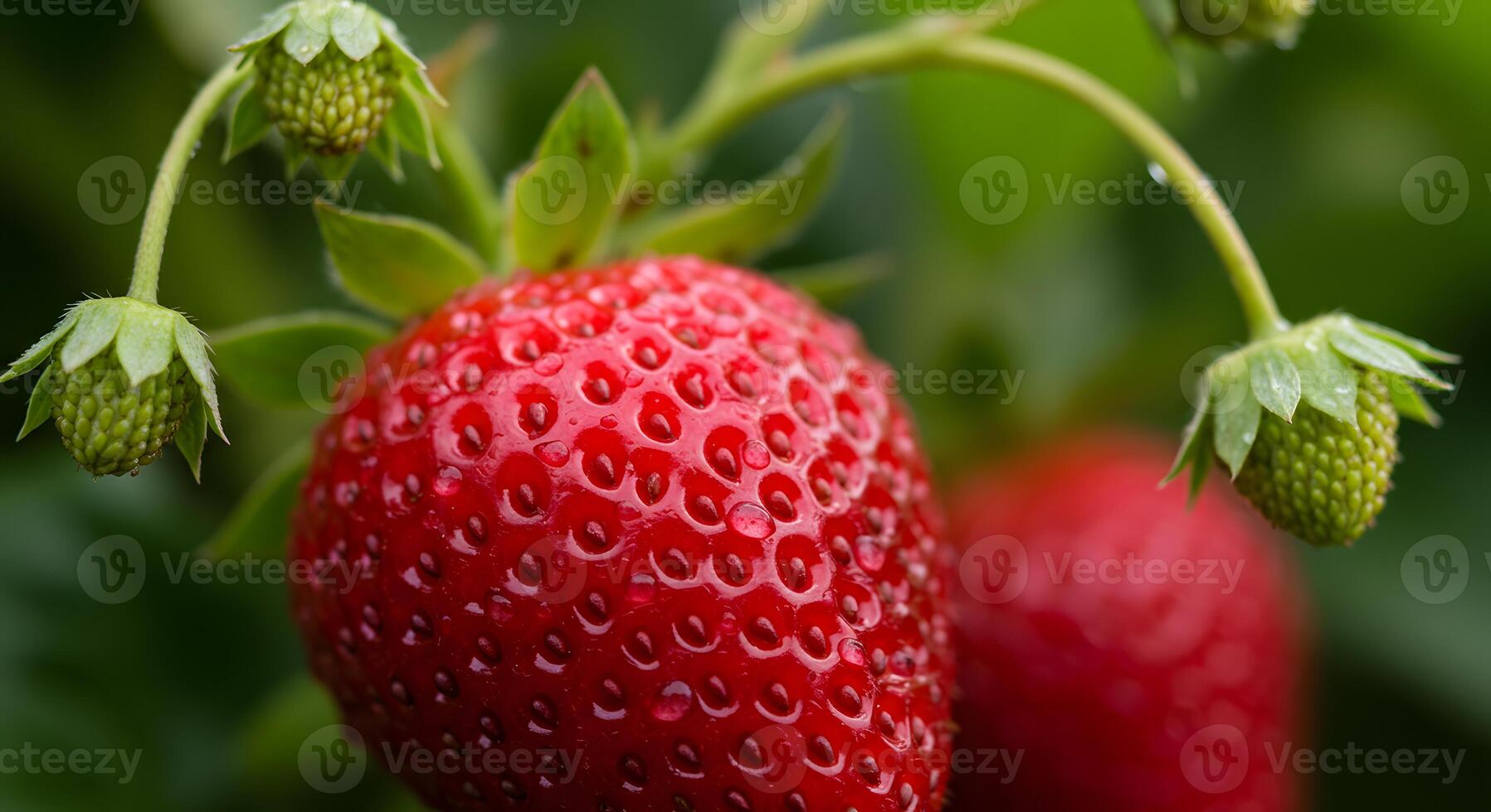 Close-up of fresh and ripe red strawberries with green leaves, perfect for healthy food and dessert concepts photo