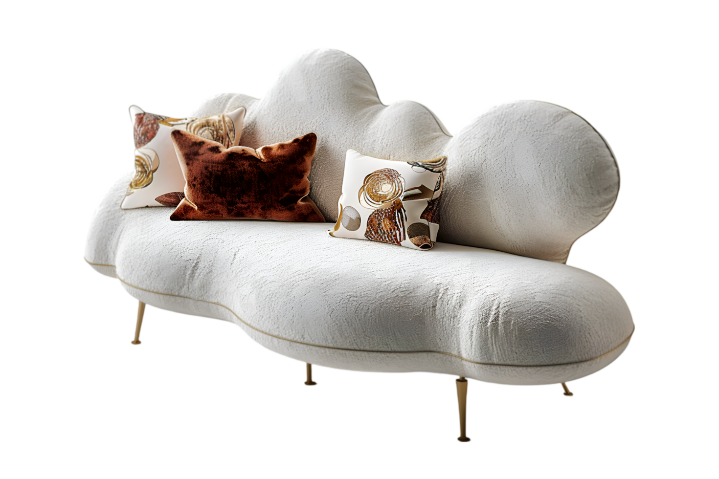 Cloud shaped sofa with brown and cream pillows modern furniture design png