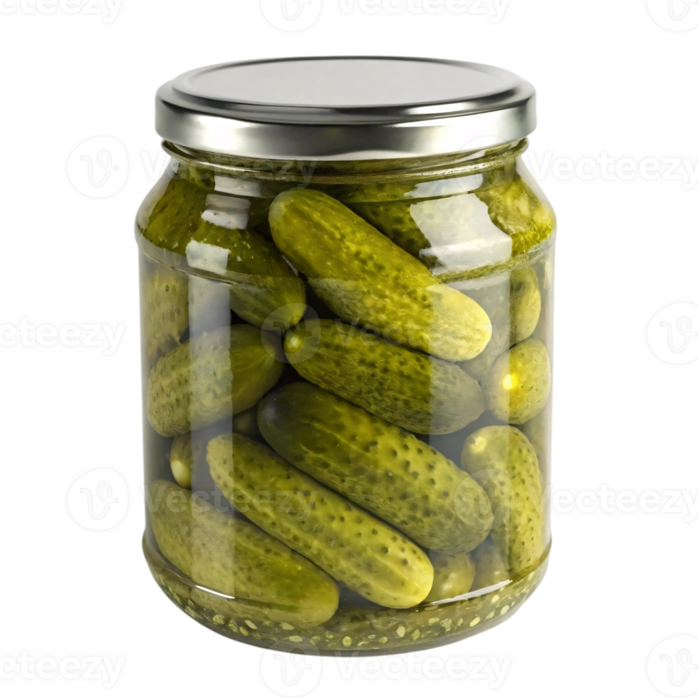 Pickled cucumbers in glass jar. png