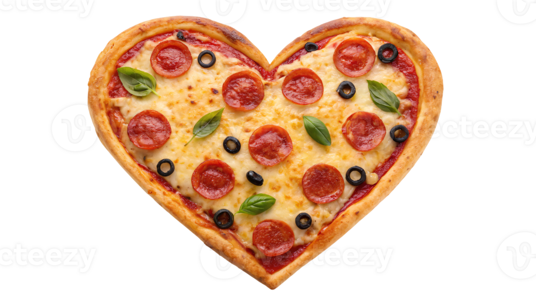 Heart shaped pizza with salami tomatoes and melted mozzarella cheese. png