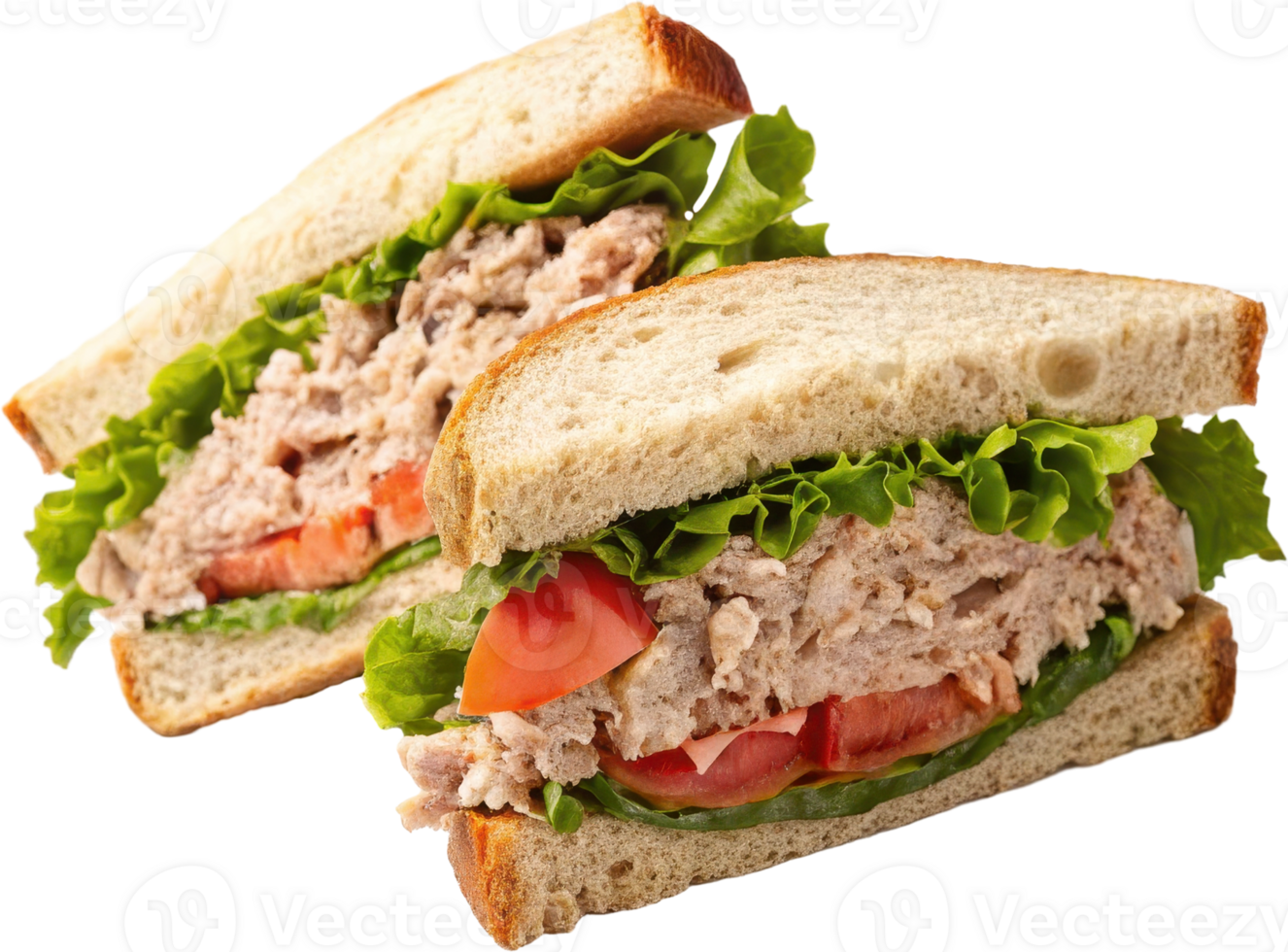 Freshly prepared tuna salad layered between slices of crisp bread topped with juicy tomatoes and crunchy lettuce png