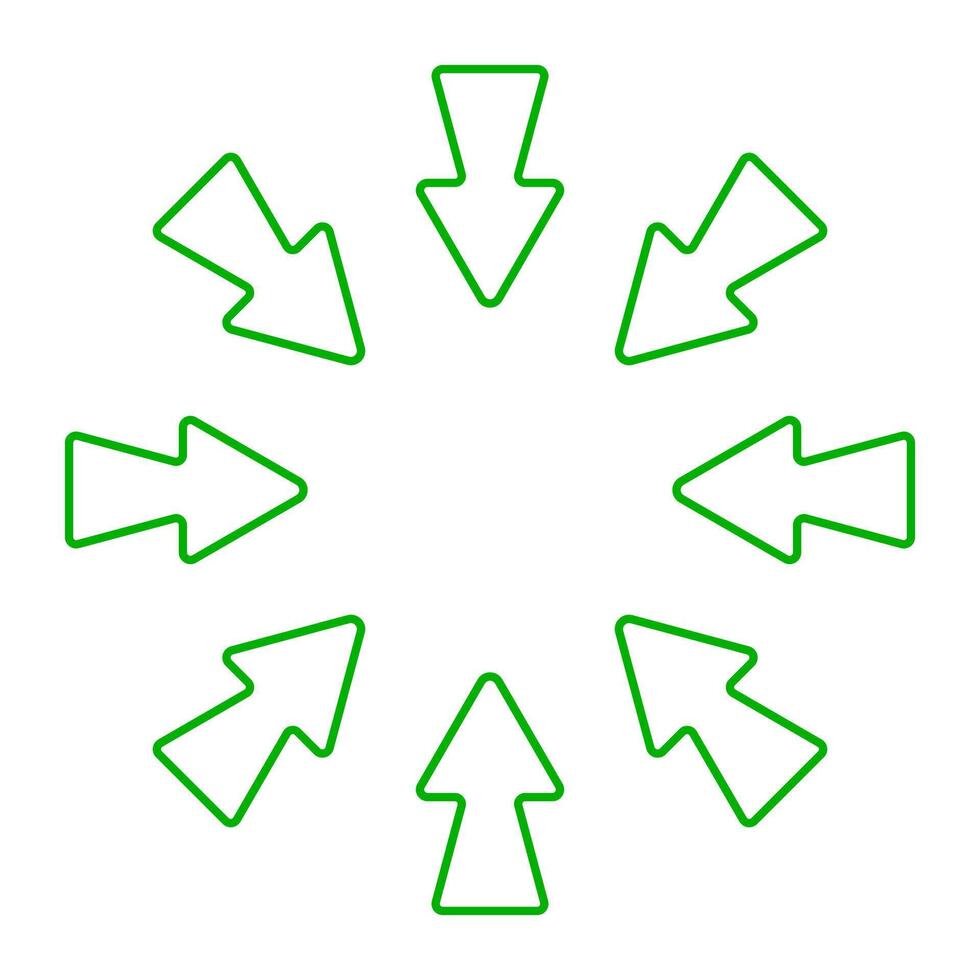 Directional arrow icon. Eight bold green arrows pointing inward from all sides. Represents focus, convergence, navigation, or centralization concept. vector
