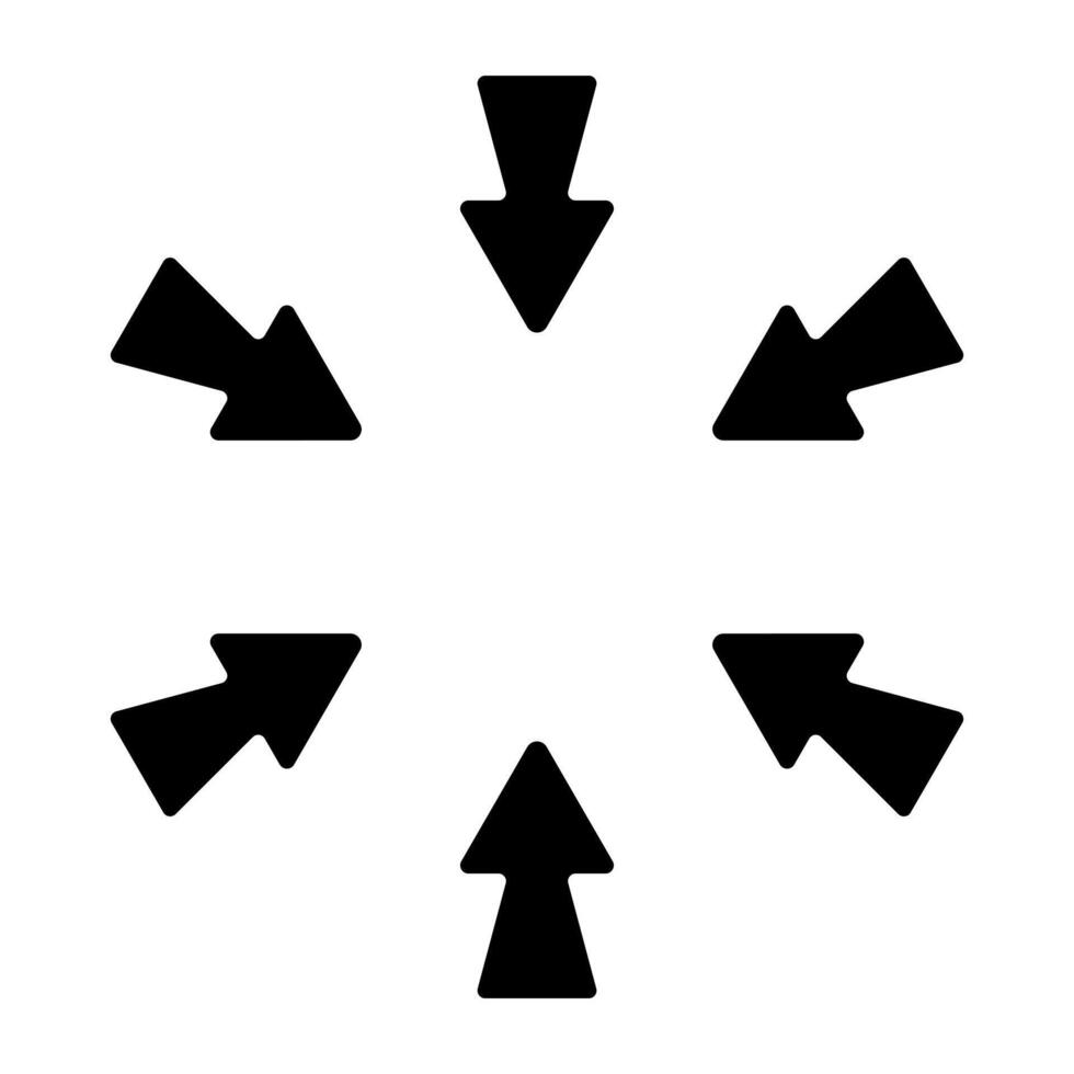 Directional arrow icon. Six bold black arrows pointing inward from all sides. Represents focus, convergence, navigation, or centralization concept. vector
