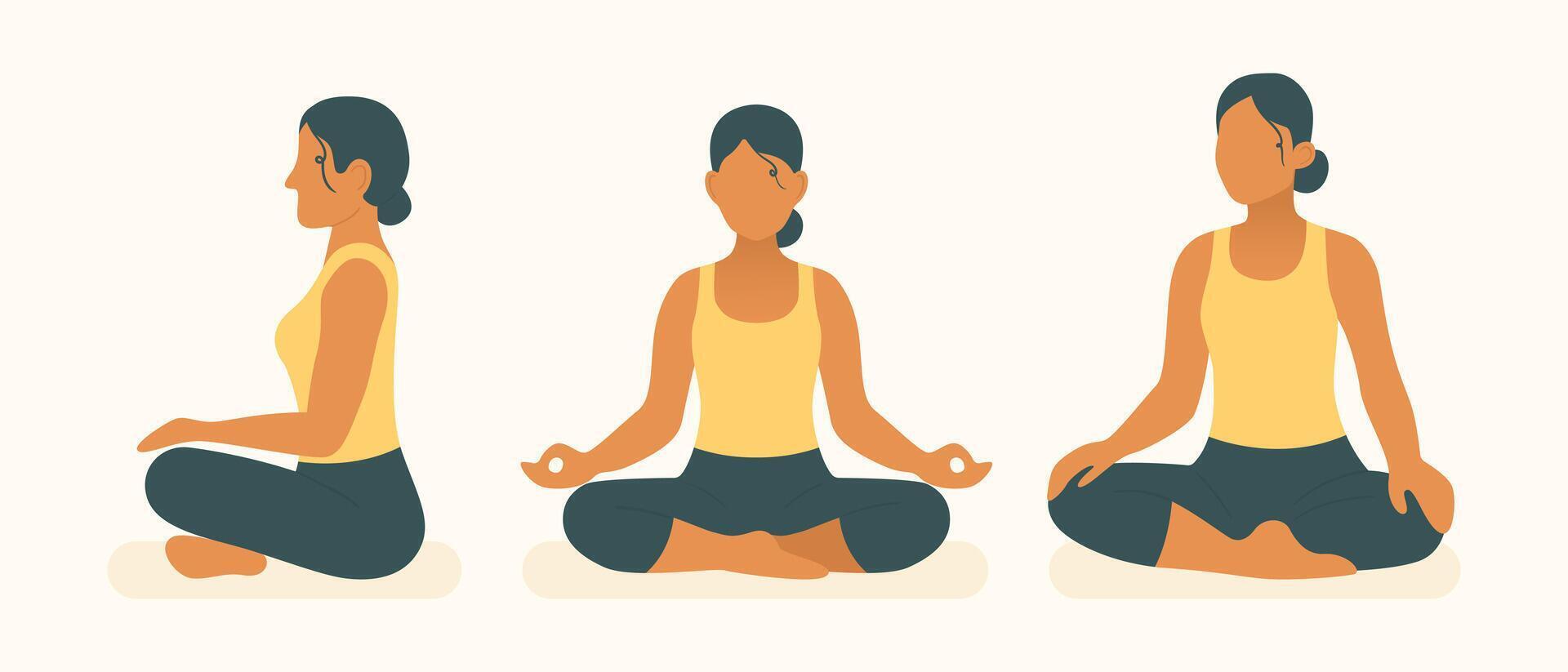 Group of women in seated meditation with different hand gestures, focusing on breathing, posture, and calm in pilates and yoga vector