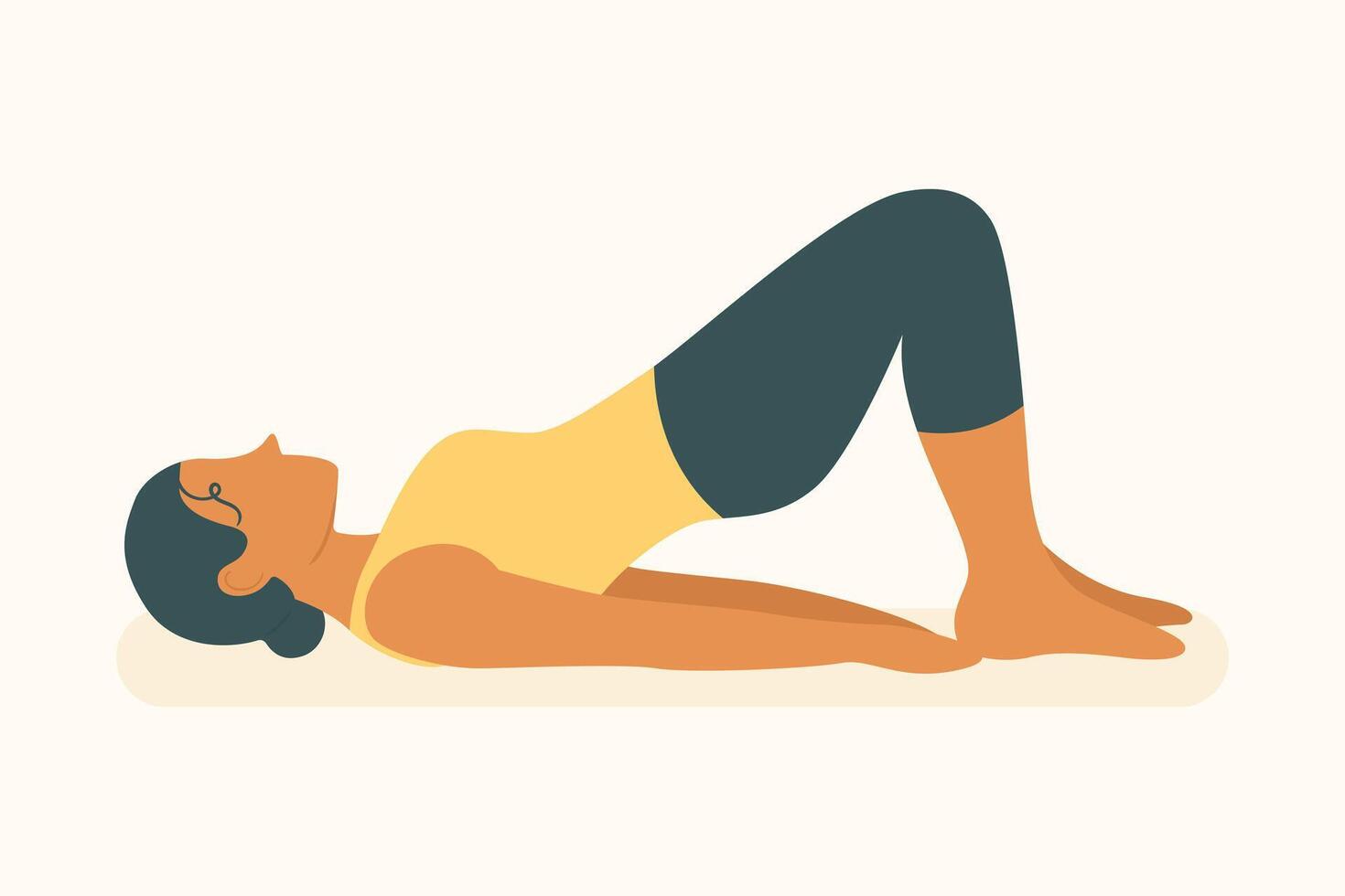 Woman performing glute bridge on mat, strengthening hips and core with focus on stability and posture from yoga and pilates vector