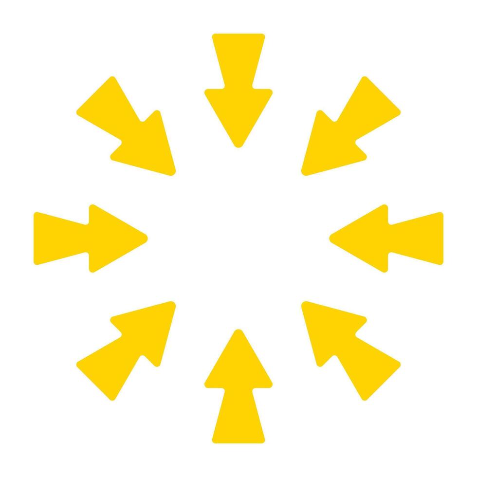 Directional arrow icon. Yellow bold black arrows pointing inward from all sides. Represents focus, convergence, navigation, or centralization concept. vector