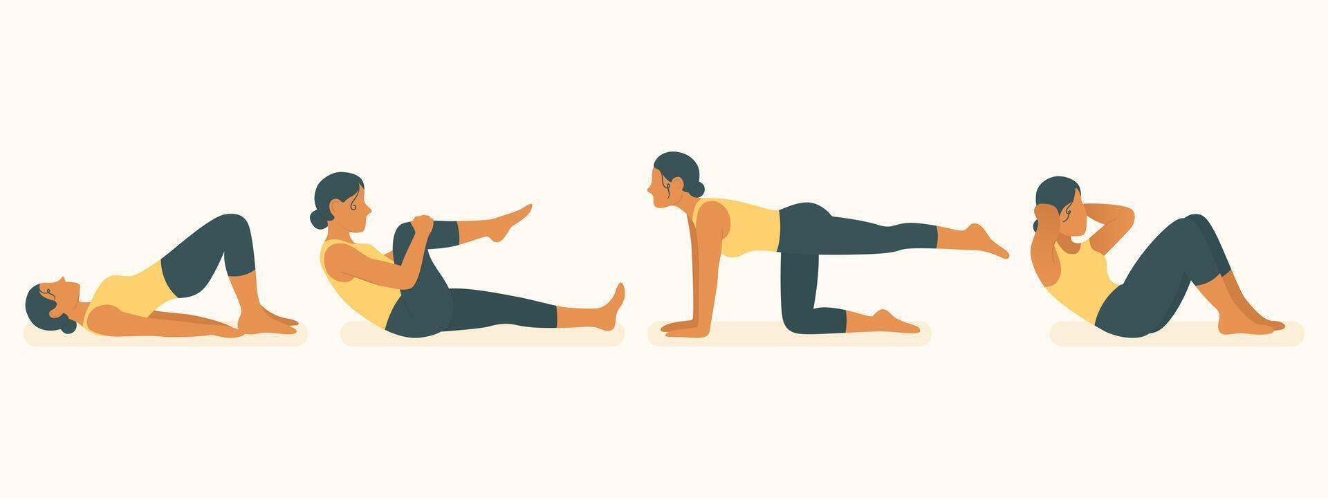 Home workout icon. Woman shown in bridge, single-leg stretch, bird-dog, and crunch exercises. Emphasis on abs, glutes, coordination, and muscle tone. vector