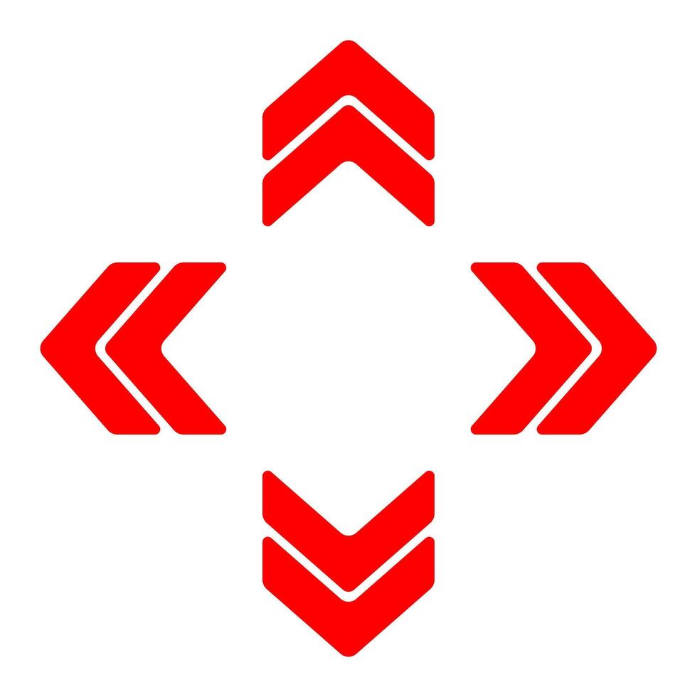 Arrow cluster icon. Red outlined chevrons pointing up, down, left, right. Indicates navigation, orientation, digital movement, or data flow. vector