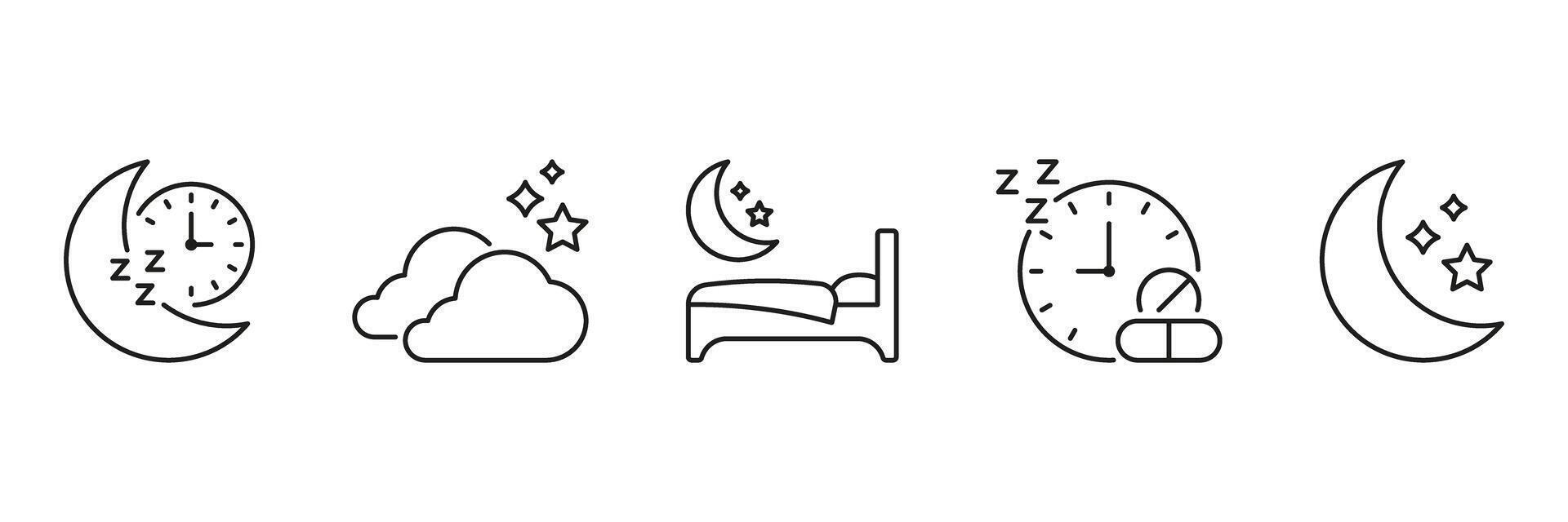 Sleep And Nighttime Routine Line Icon Set. Sleep Cycle, Restful Sleep, And Bedtime Symbols Collection. Moon, Stars, And Clock Illustrations. Editable Stroke. Isolated Illustration vector