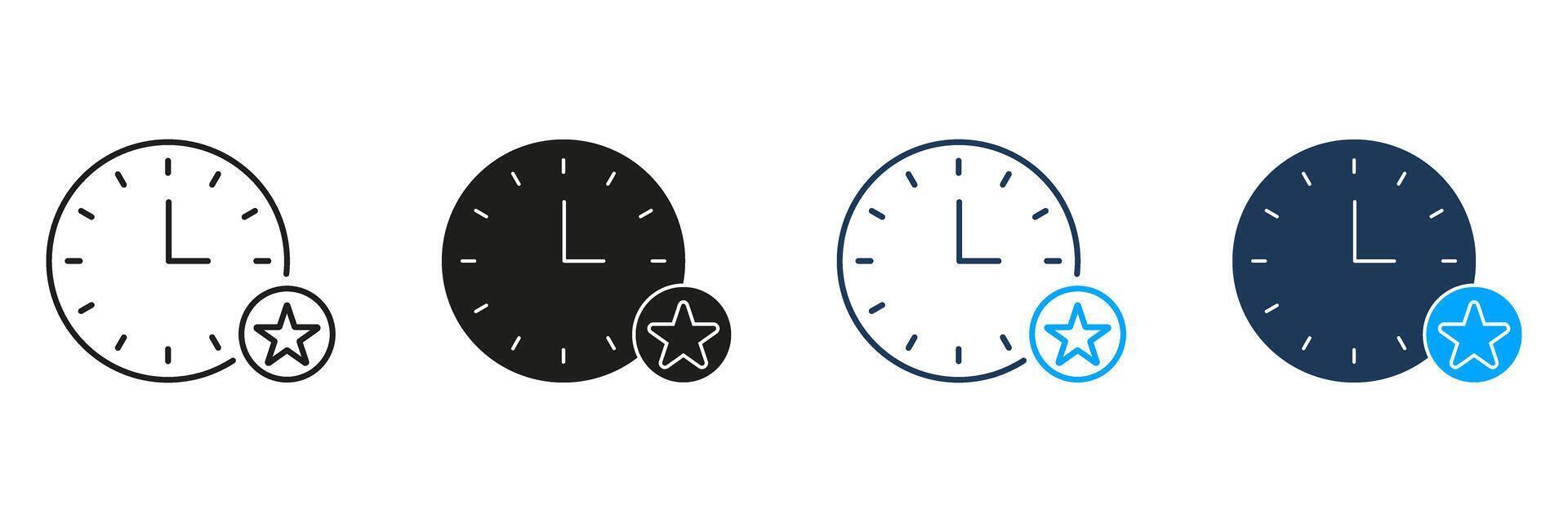 Clock With Star Line And Solid Icon Set. Time Management, Priority Setting, And Scheduling Symbol Collection. Efficiency And Productivity Enhancement. Isolated Illustration vector