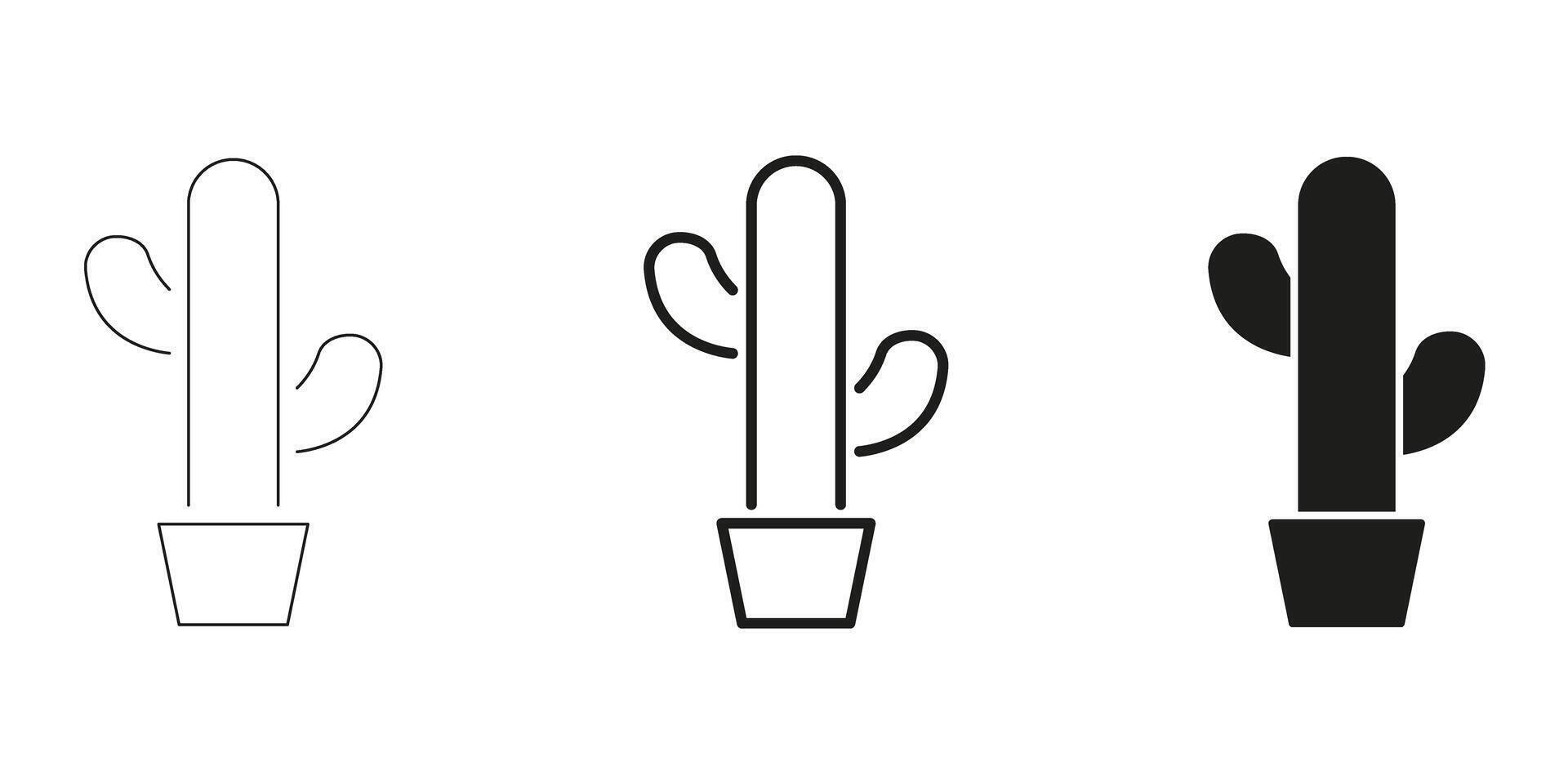 Cactus In Pot In Line, Outline, And Glyph Icon Set. Desert Plant, Succulent, And Indoor Gardening Symbol Collection. Nature And Home Decor. Isolated Illustration vector