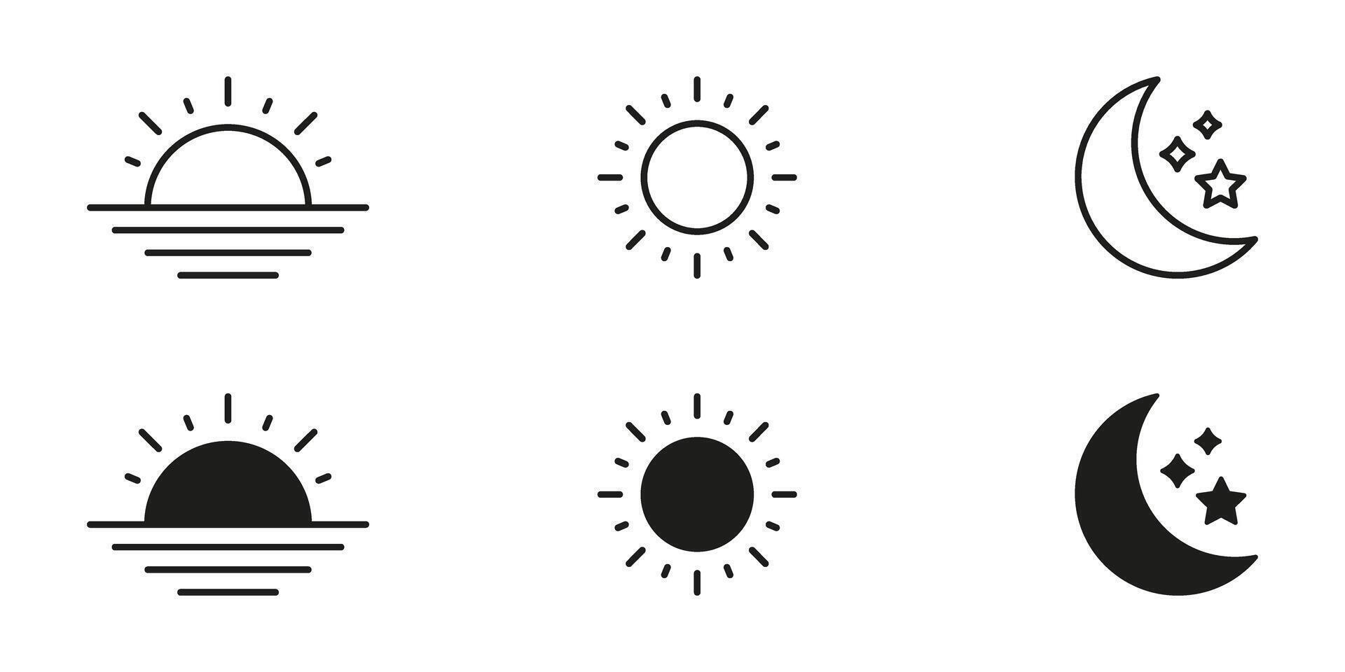 Sunrise, Sun, And Moon Line And Solid Icon Set. Day And Night Cycle, Weather, And Time Symbol Collection. Celestial Phenomena And Natural Rhythms. Isolated Illustration vector
