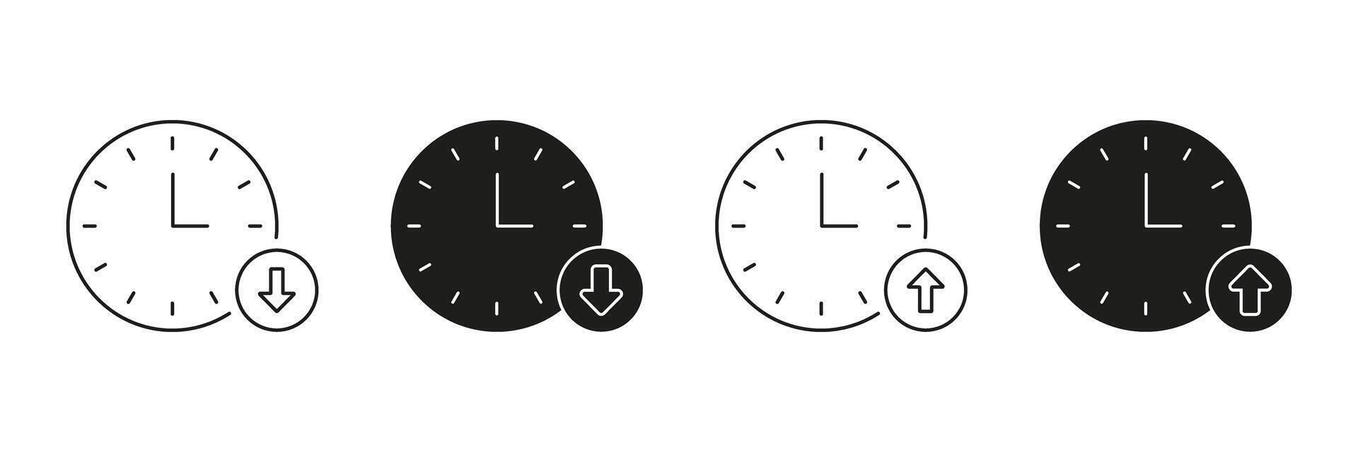 Clock With Up And Down Arrows Line And Solid Icon Set. Time Management, Scheduling, And Priority Adjustment Symbol Collection. Efficiency And Productivity Enhancement. Isolated Illustration vector