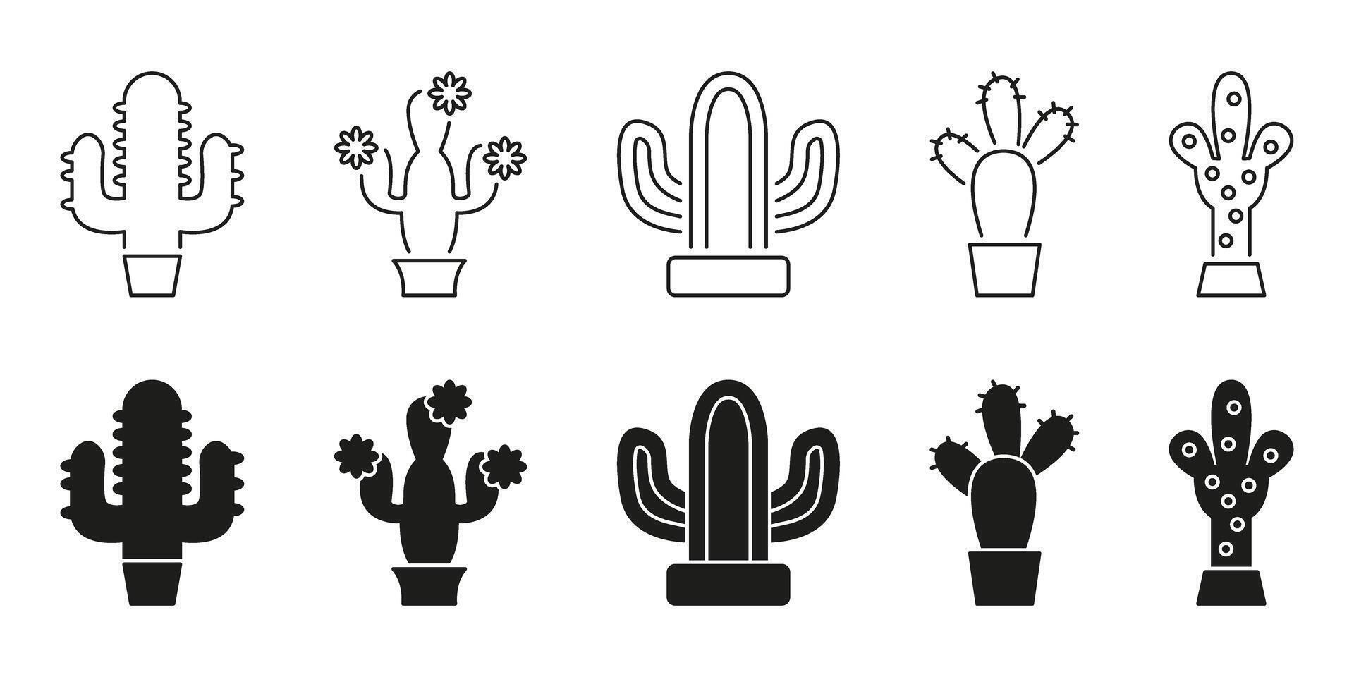 Cactus Plant Line And Solid Icon Set. Desert Flora, Succulent Growth, And Botanical Diversity Symbol Collection. Home Decor. Isolated Illustration vector