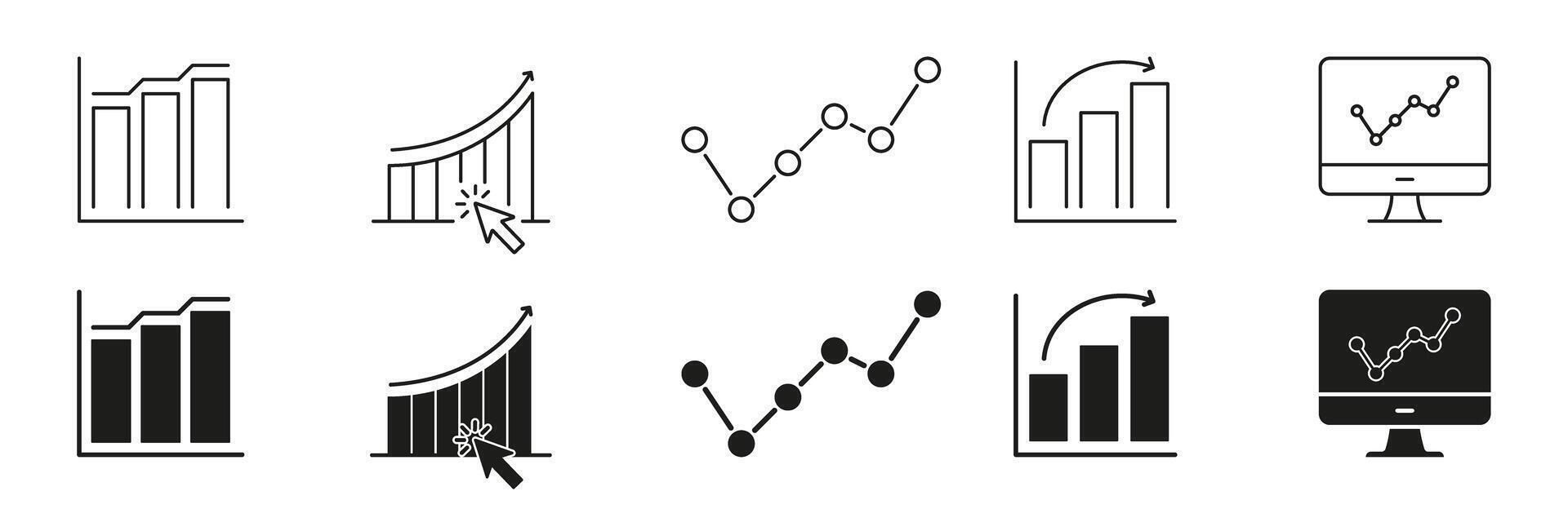 Bar Graph Analytics Icon Set. Data Visualization, Performance Tracking, Business Growth Symbol Collection. Financial Analysis And Market Trends Representation. Isolated Illustration vector