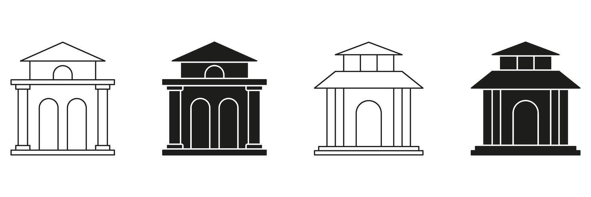 Bank Building Line And Solid Icon Set. Financial Institution, Architecture, And Classical Structure Symbol Collection. Banking And Finance Representation. Isolated Illustration vector