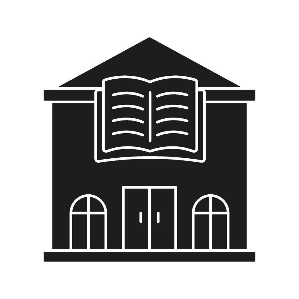 Library Building With Open Book Solid Icon. Knowledge Center, Education, And Learning Facility Silhouette Symbol. Academic Resource Hub. Isolated Illustration vector
