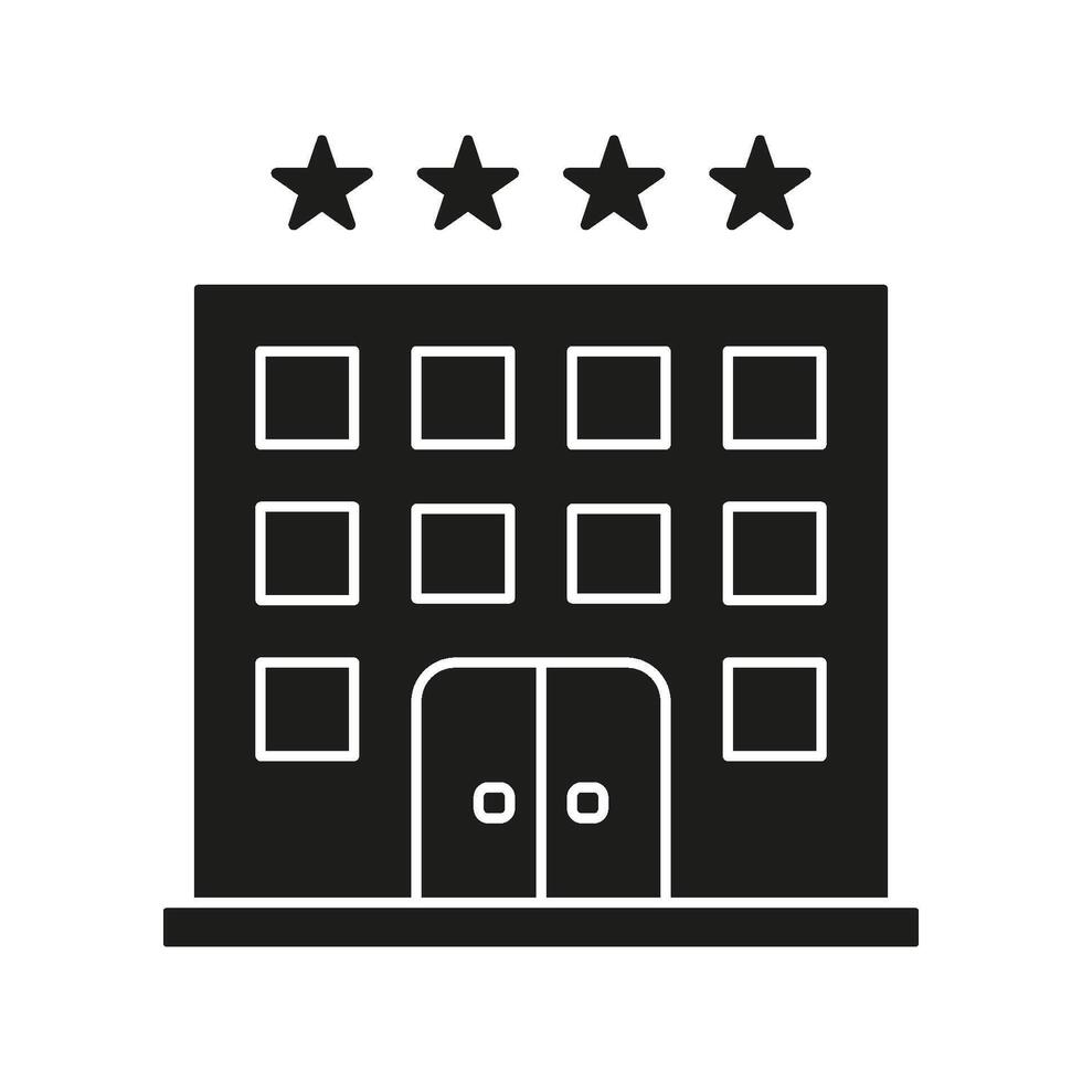 Four-Star Hotel Building Solid Icon. Luxury Accommodation, Hospitality, And Travel Silhouette Symbol. High-Quality Service And Comfort Representation. Isolated Illustration vector
