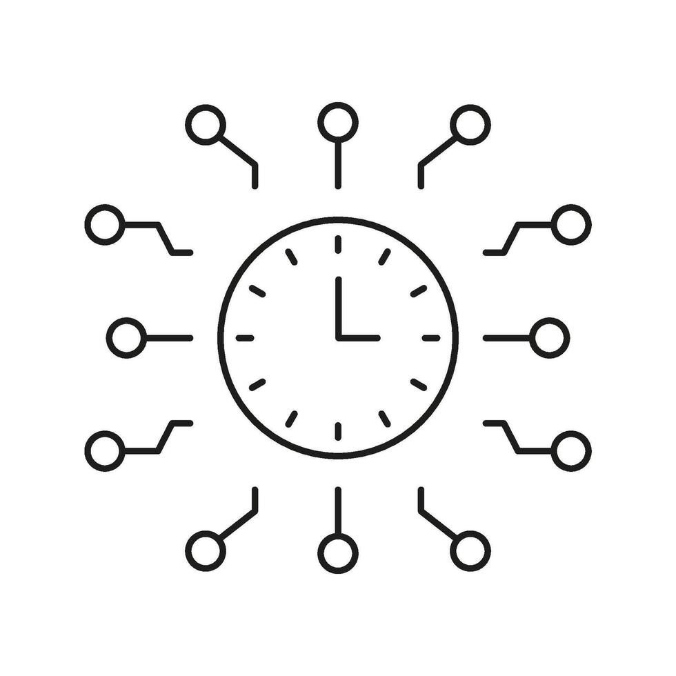 Clock With Circuit Connections Line Icon. Time Management, Digital Synchronization, And Network Integration Outline Symbol. Technology And Efficiency. Editable Stroke. Isolated Illustration vector