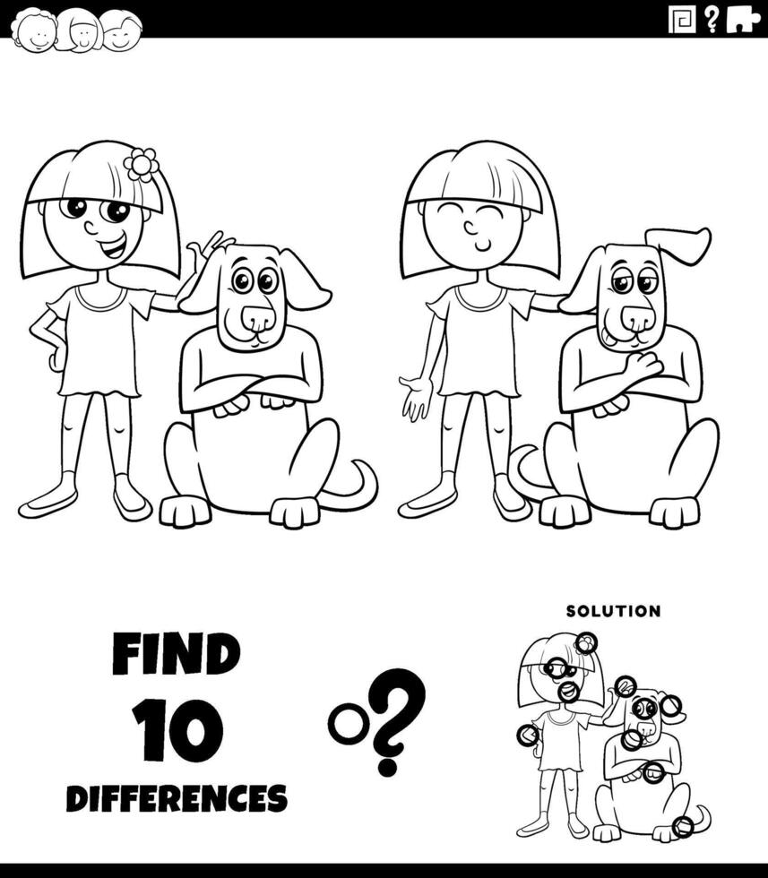 differences puzzle game with cute cartoon girl and her dog coloring page vector