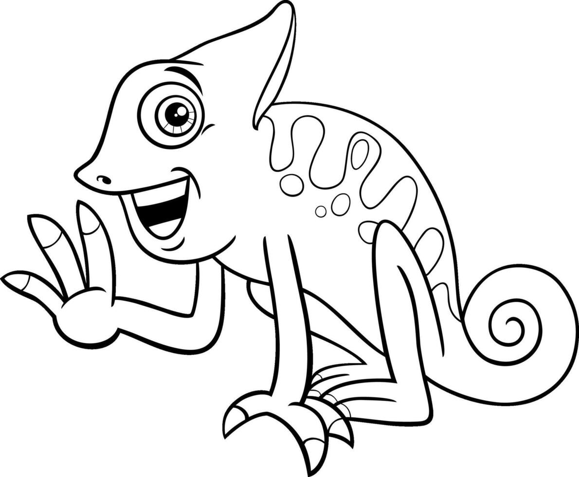 cheerful cartoon chameleon reptile animal character laughing coloring page vector
