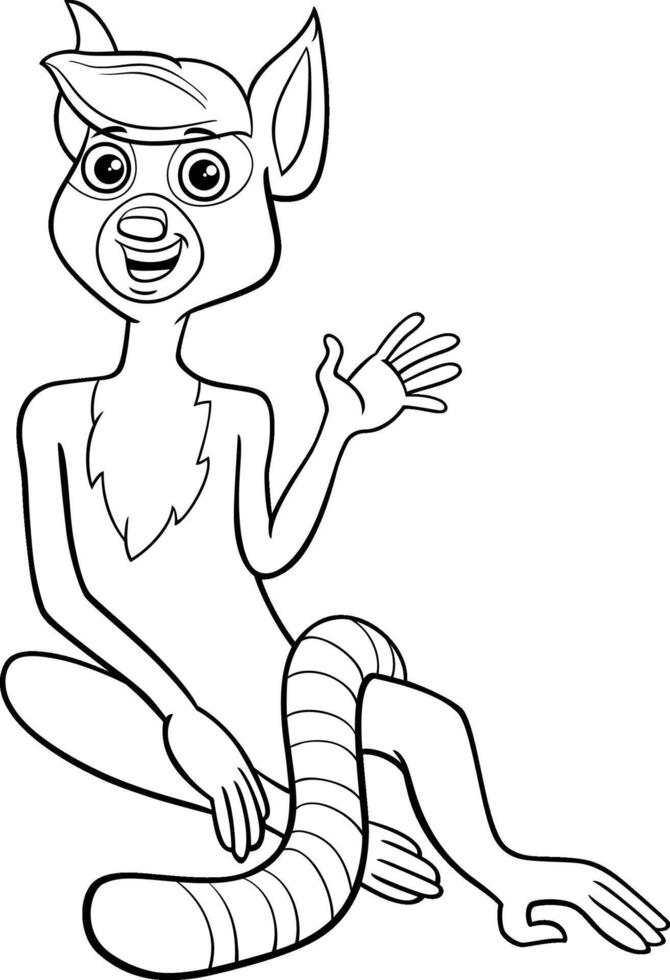 funny cartoon lemur animal character waving its paw coloring page vector