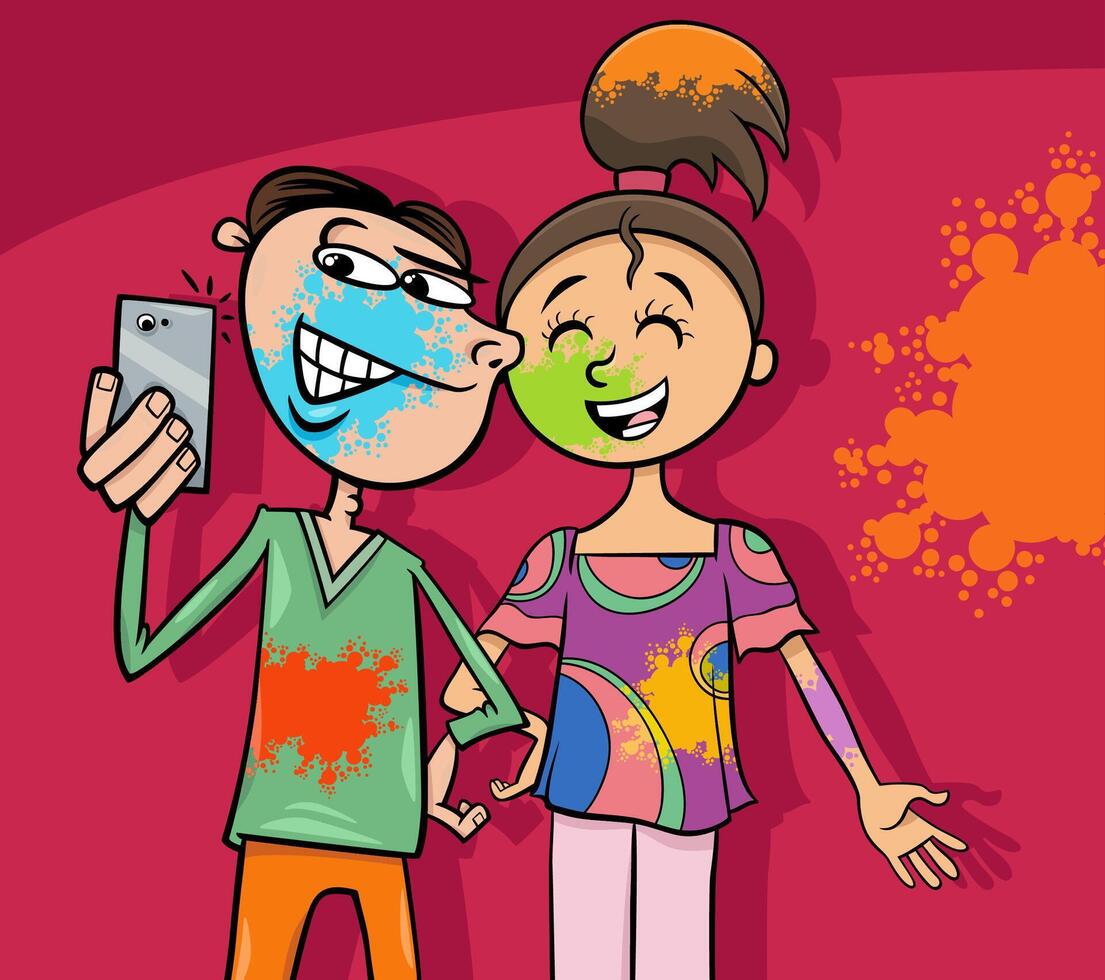 Friends smiling for a colorful selfie vector