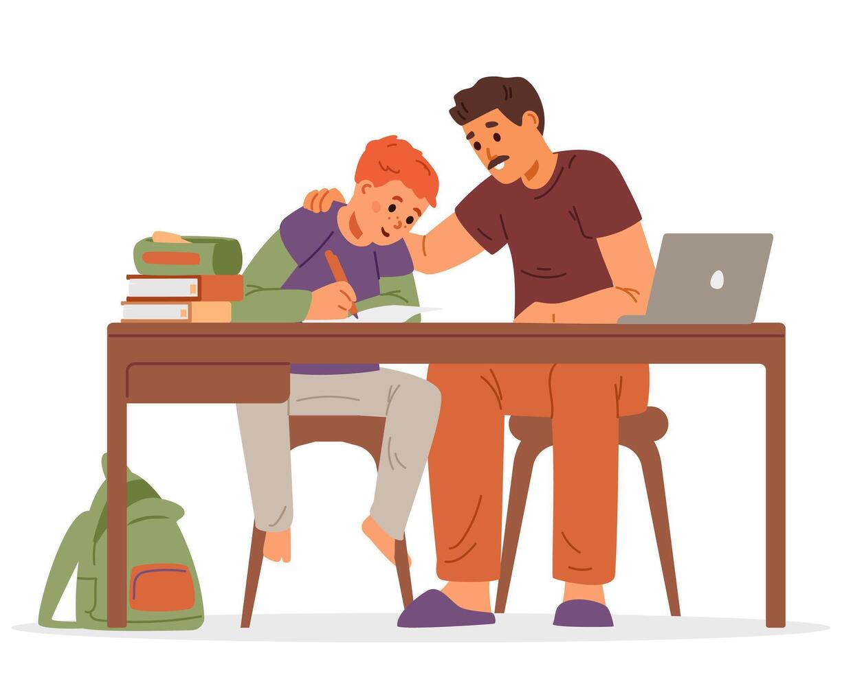 Father and son studying at home at desk flat illustration isolated on white. Homeschooling concept. vector