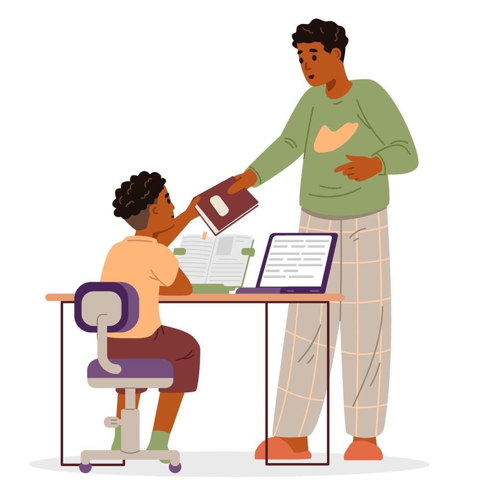African American father and son studying at home flat illustration isolated on white. Primary school boy sitting at desk with laptop taking textbook from his father. vector