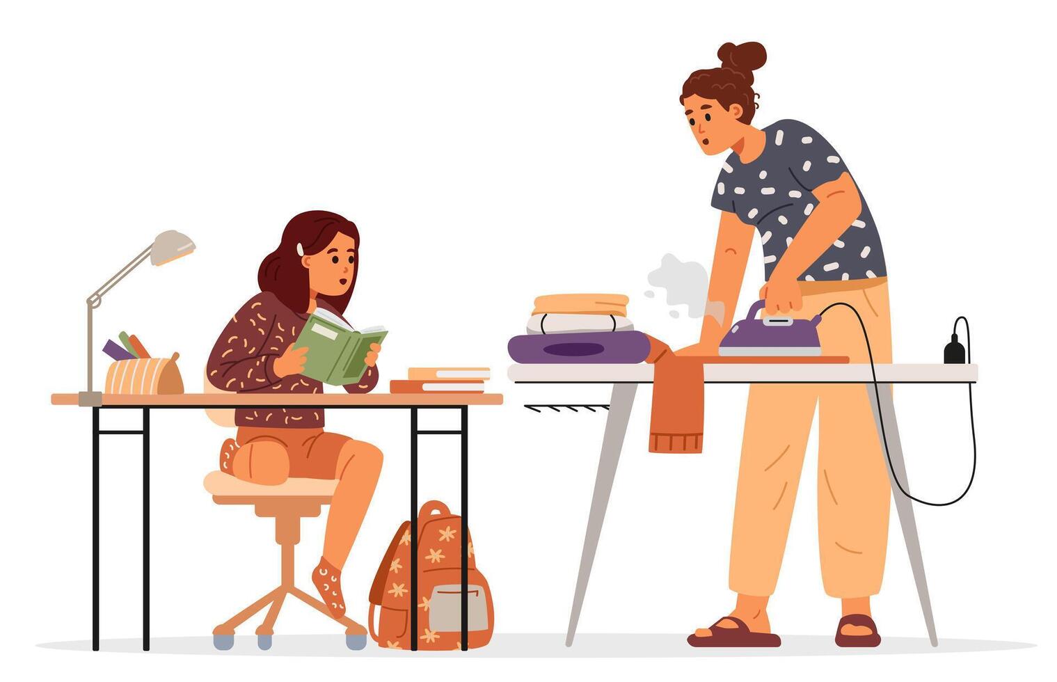 Mother helping her daughter primary school girl with homework while doing house chores flat illustration isolated on white. Woman ironing near girl studying at desk. vector