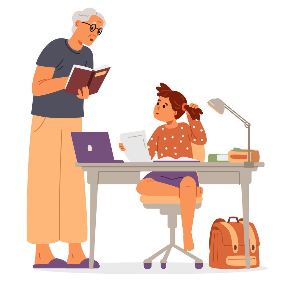 Grandfather helping with homework to granddaugther at home flat illustration isolated on white. Primary school girl styding at home sitting at desk. vector