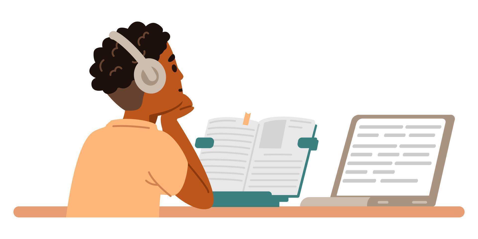 African American school boy in earphones studying at home making homework sitting at desk with textbook and laptop flat illustration isolated on white. vector
