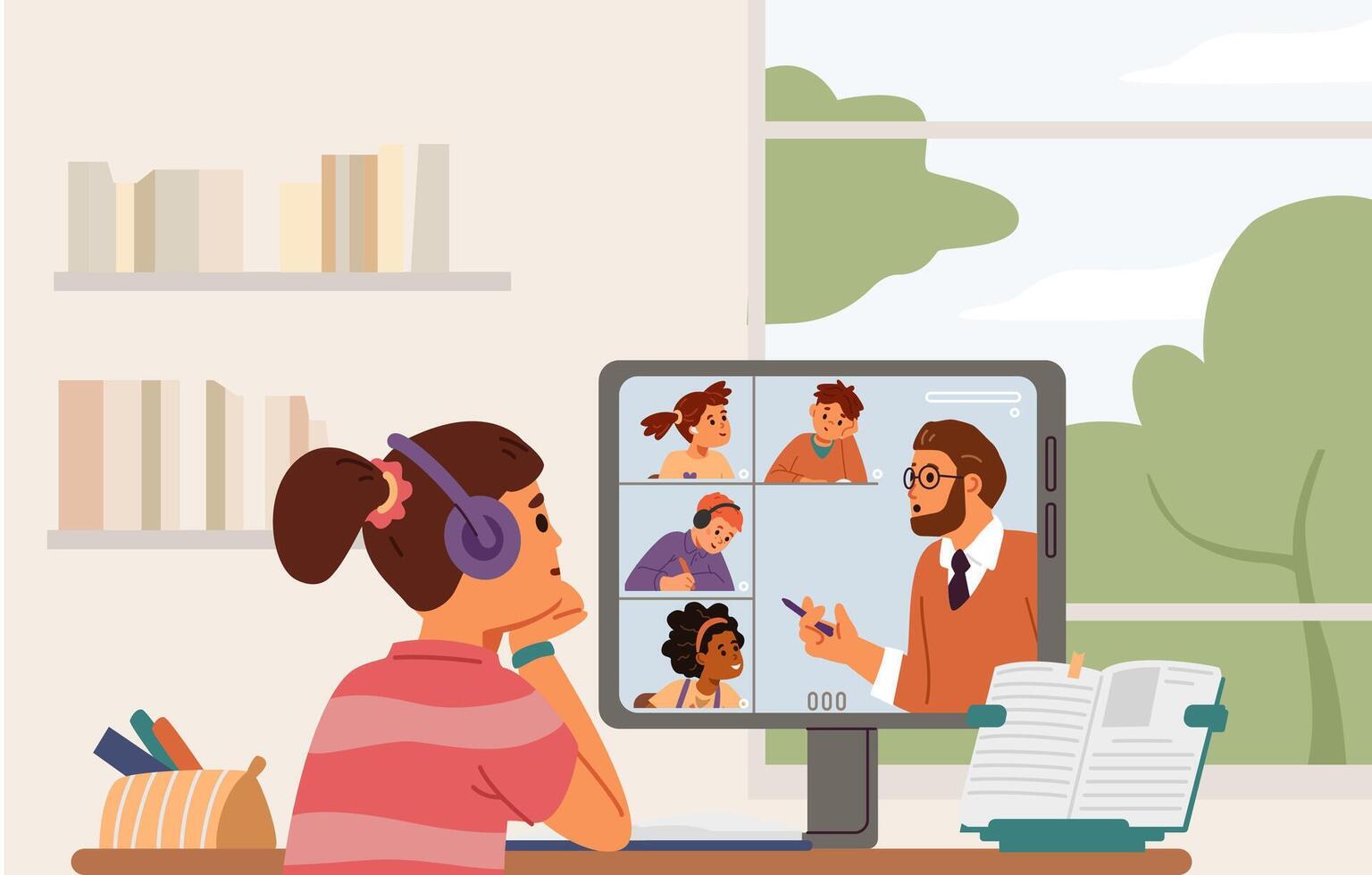 Primary school girl in earphones sitting at desk at home studying online looking to computer screen with teacher and other students flat illustration. vector