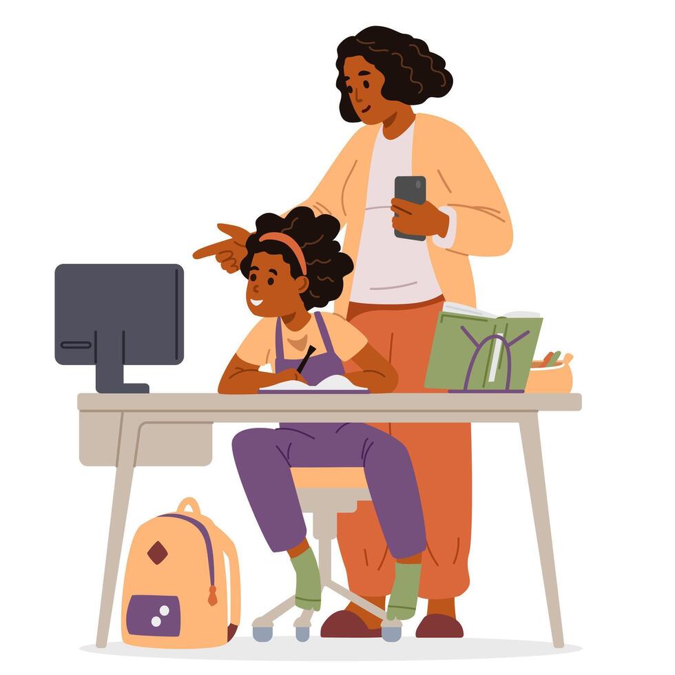 African American mother and primary school daughter making homework together at home looking at computer screen flat iilustration isolated on white. vector