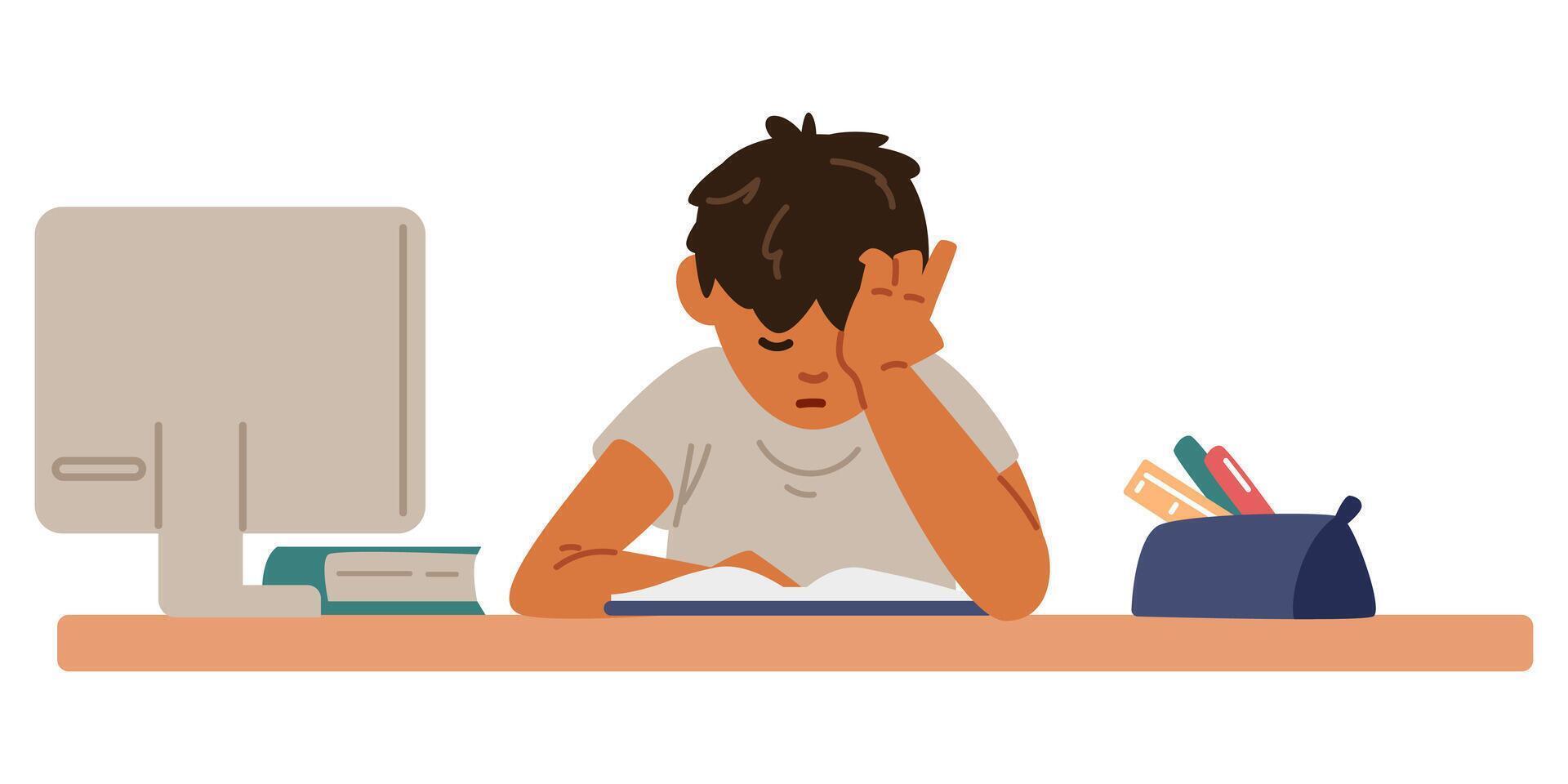 Tired Asian primary school boy studying at home making homework sitting at desk reading textbook flat illustration isolated on white. vector