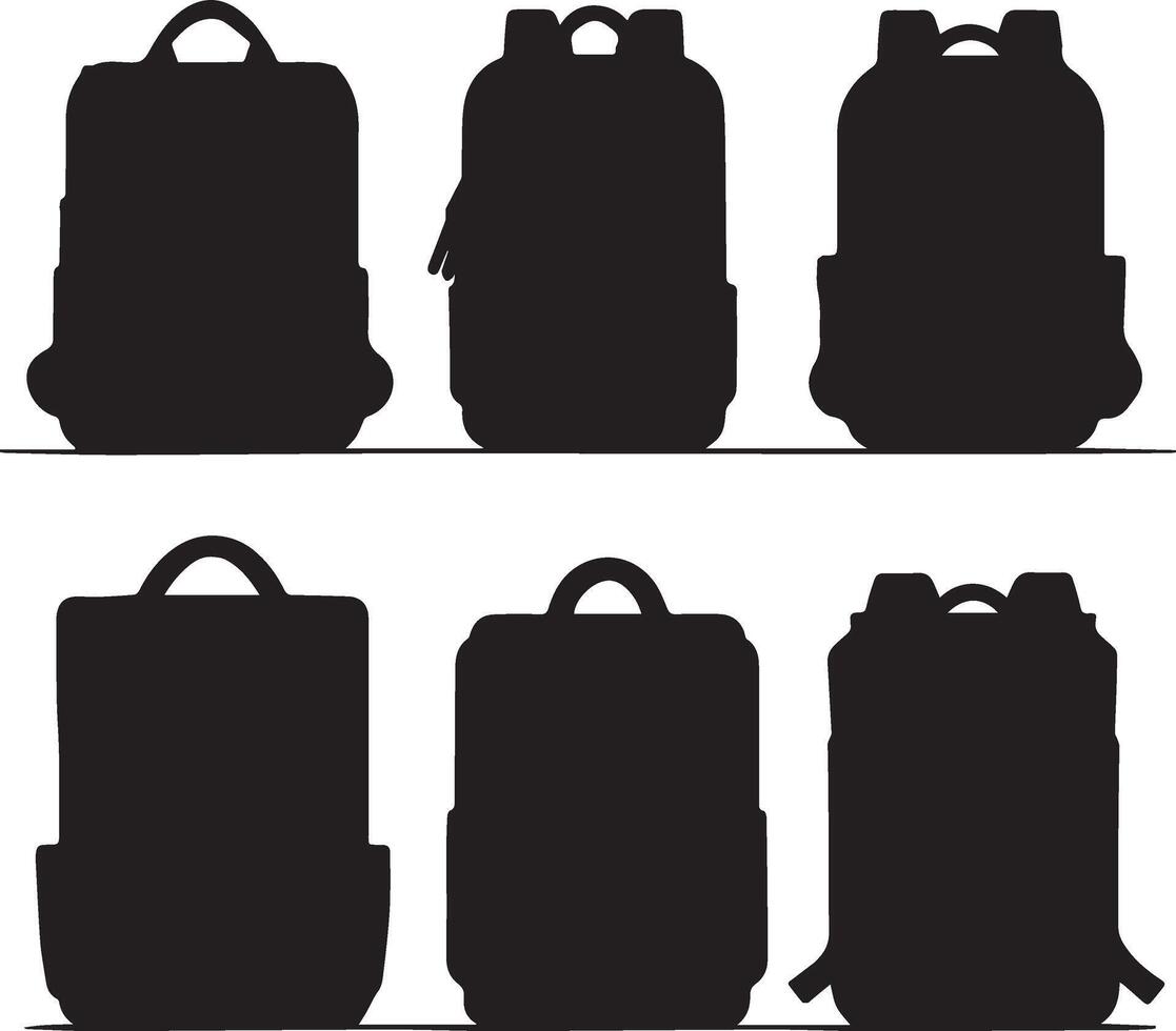 Six Stylish Backpack Silhouettes in a Row A Moody, Monochromatic Collection of Bags for School, Travel, and Everyday Use vector
