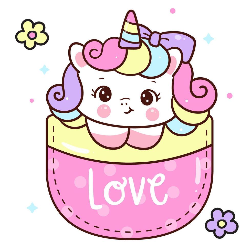 Cute Unicorn in Pocket. Kawaii animals Whimsical Character vector