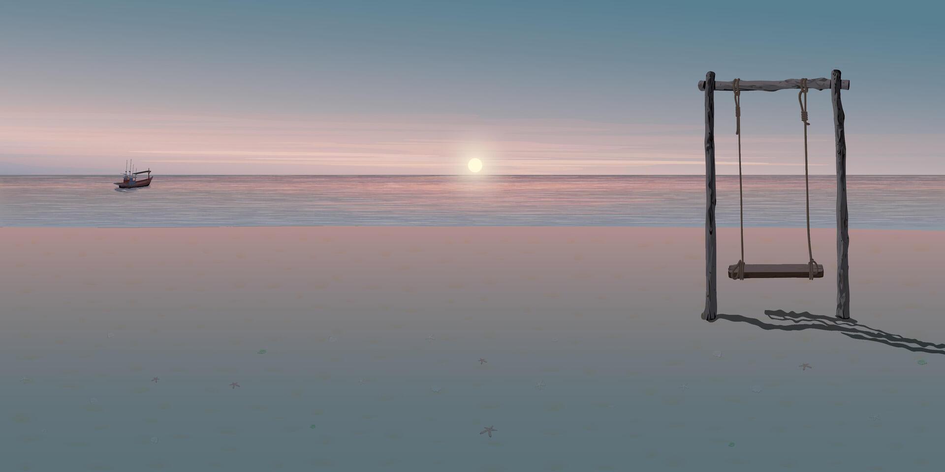 Beach sunset with swing and boat vector