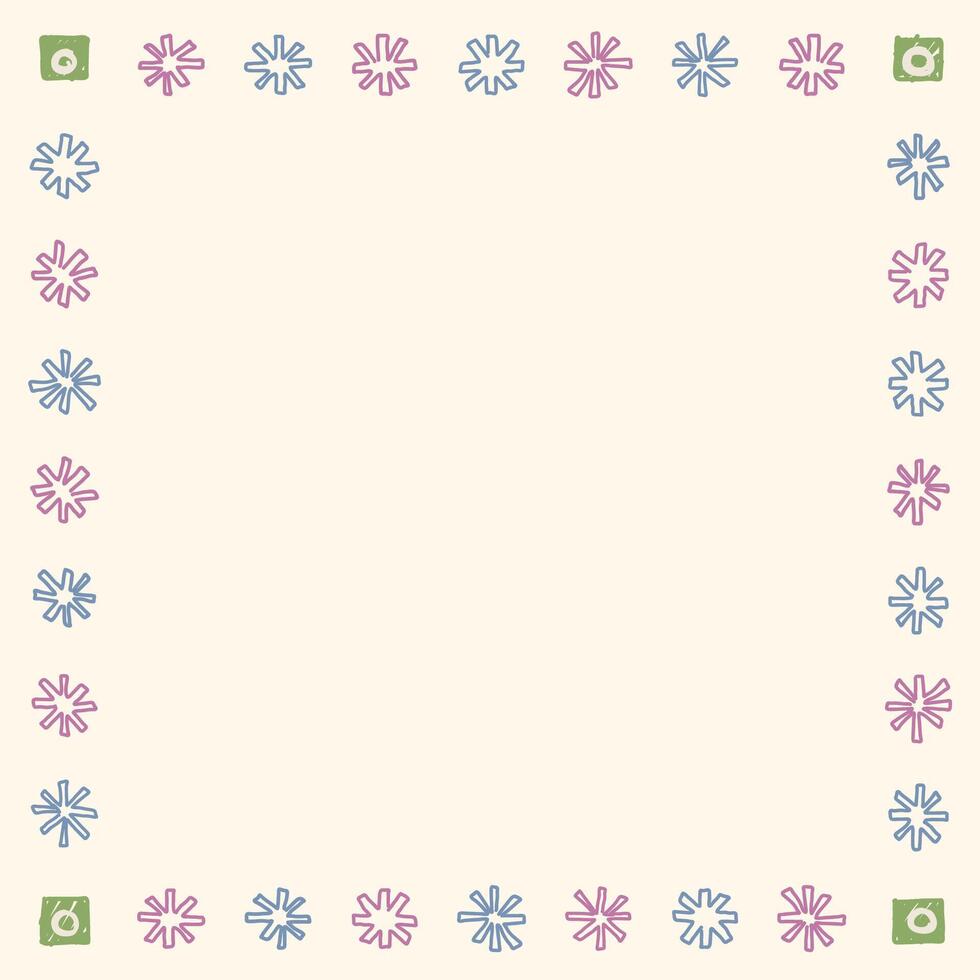 Blank square frame consists of various pastel asterisk shapes childish hand drawn style on cream background graphic illustration. vector