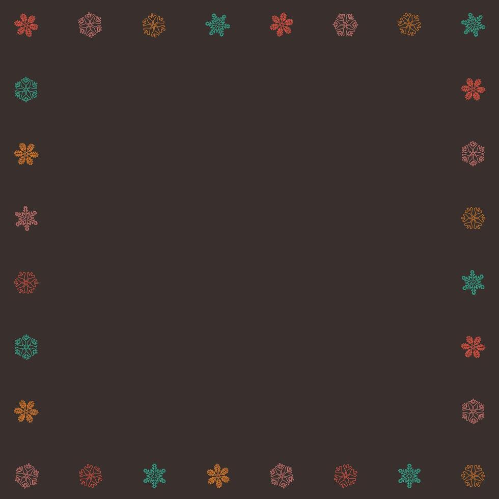 Blank square frame consists of various colorful snowflakes childish hand drawn style on brown background graphic illustration. vector