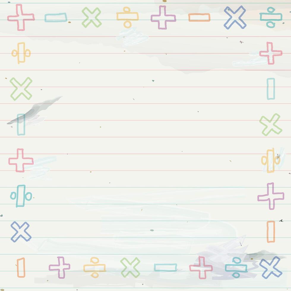 Blank square frame consists of pastel add, subtract, multiply and divide symbol shapes childish style on used old notebook paper graphic illustration. vector