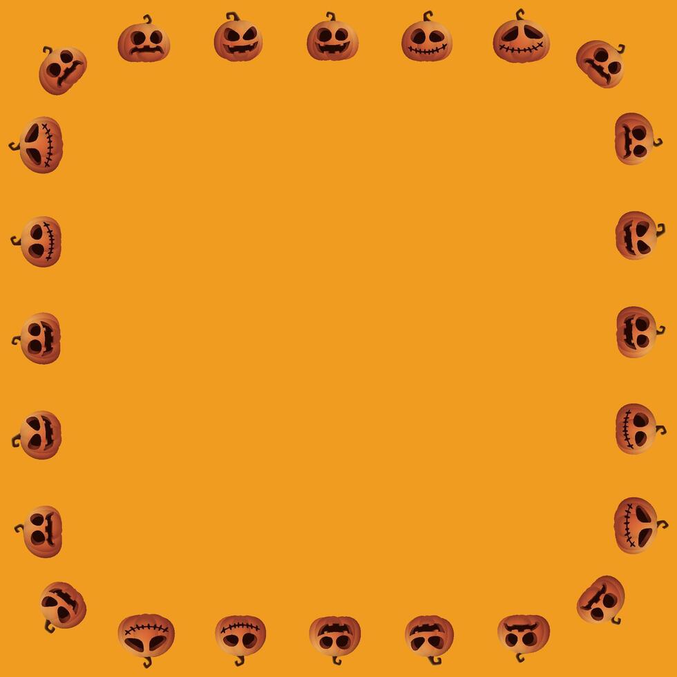 Blank square frame consists of various Halloween pumpkin faces on orange background graphic illustration. vector