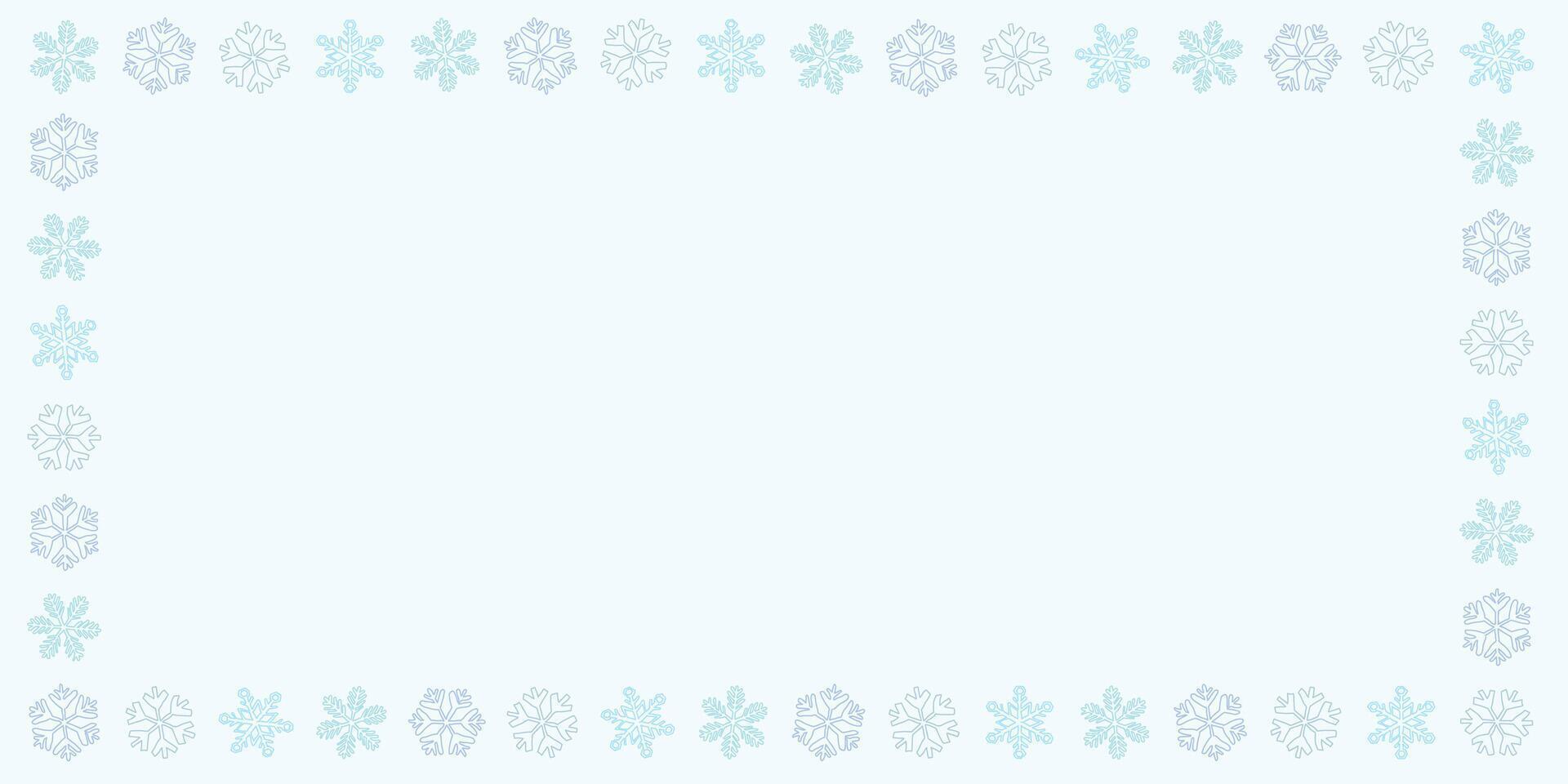 Blank rectangle frame consists of various pastel snowflakes childish hand drawn style on light blue background graphic illustration. vector