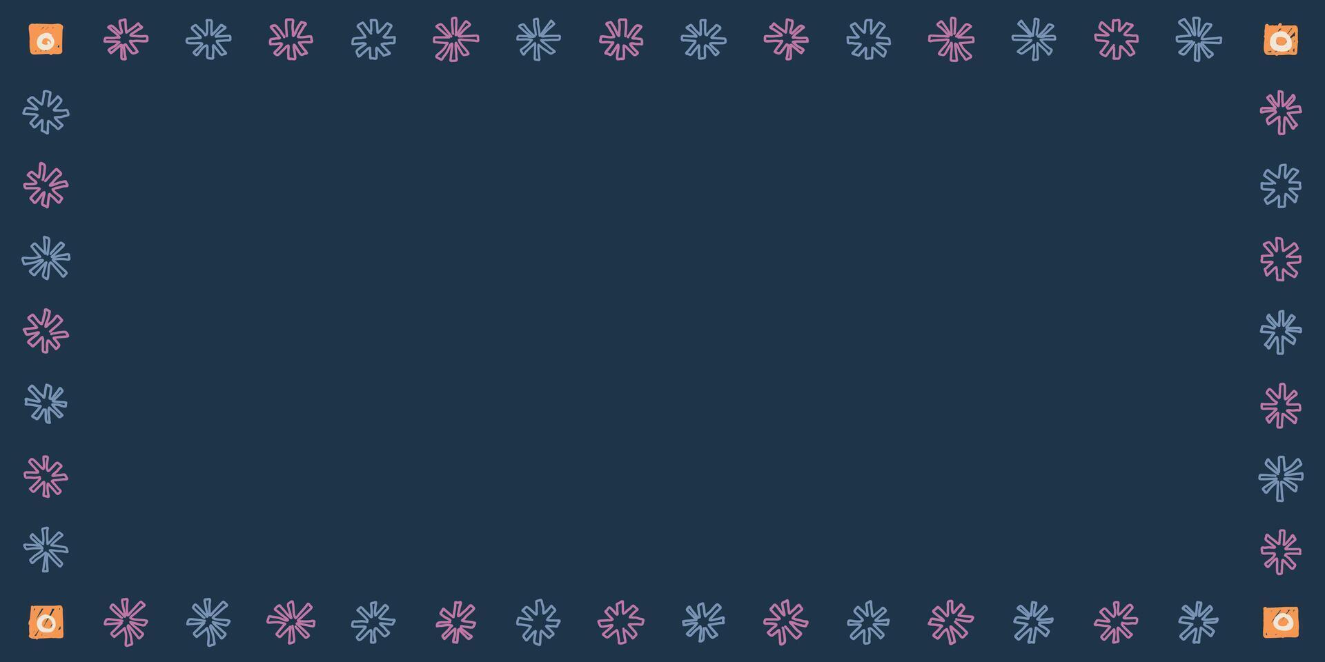 Blank rectangle frame consists of various pastel asterisk shapes childish hand drawn style on navy blue background graphic illustration. vector