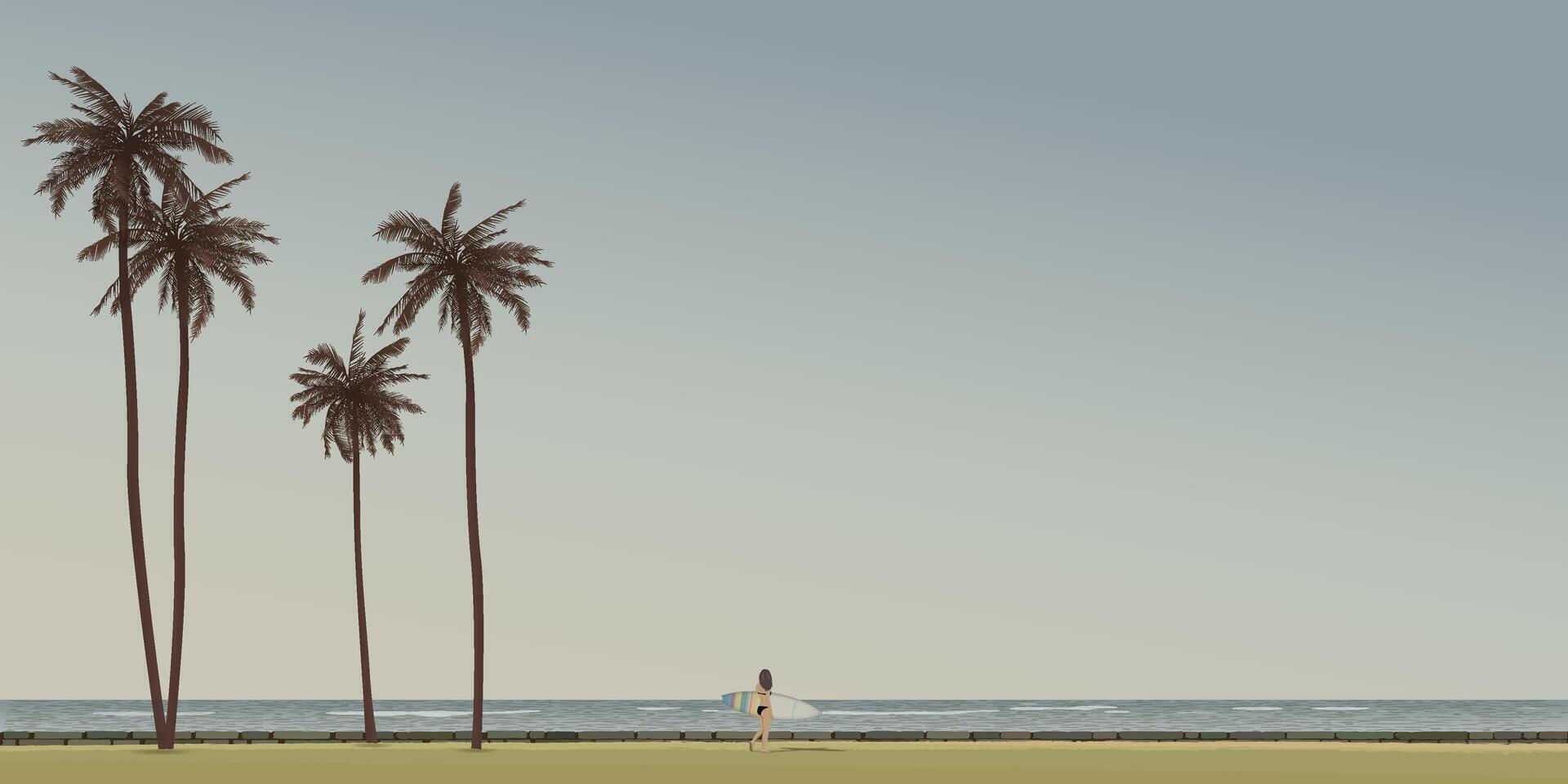 Surfer walking by the beach with palm trees vector
